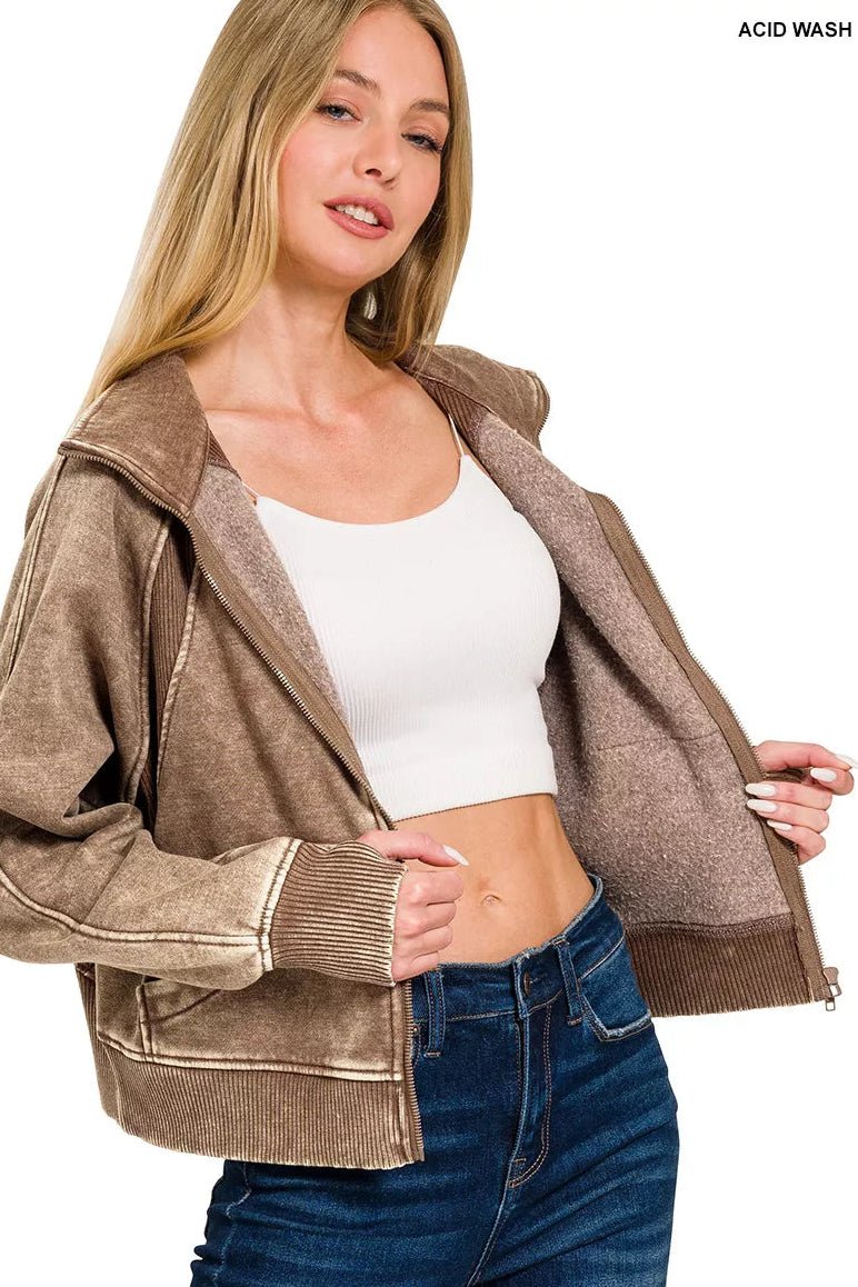 Women Jacket Vintage Acid Wash Zip - Up Fleece Jacket casual outfit boutique fashion - BespokeX Wear