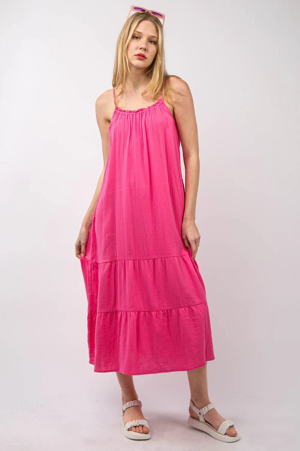 Women Midi Dress Riley Cotton Gauze Tiered Midi Dress – Adjustable Straps & Pockets casual outfit boutique fashion - BespokeX Wear
