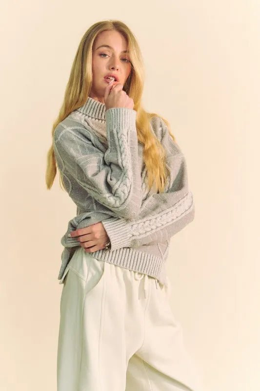 Women Sweater Cable - Knit Turtleneck Sweater with Dropped Shoulders – Gray casual outfit boutique fashion - BespokeX Wear