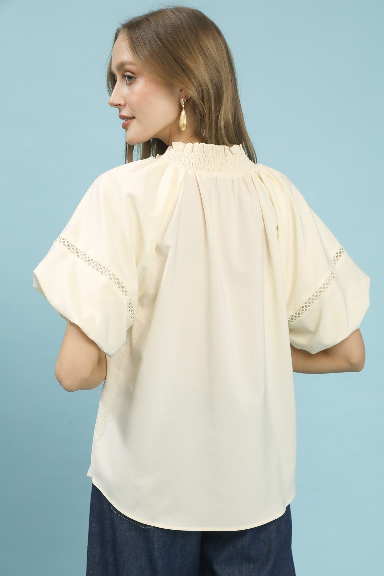 Women Top Lace Trim Peasant Blouse casual outfit boutique fashion - BespokeX Wear