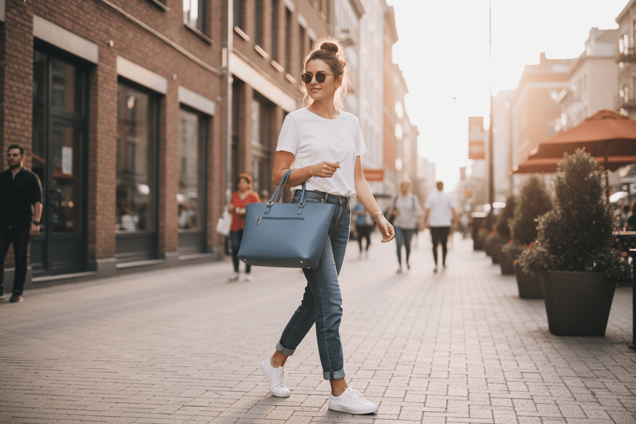 Woman carrying minimalist leather tote bag - everyday handbag styling