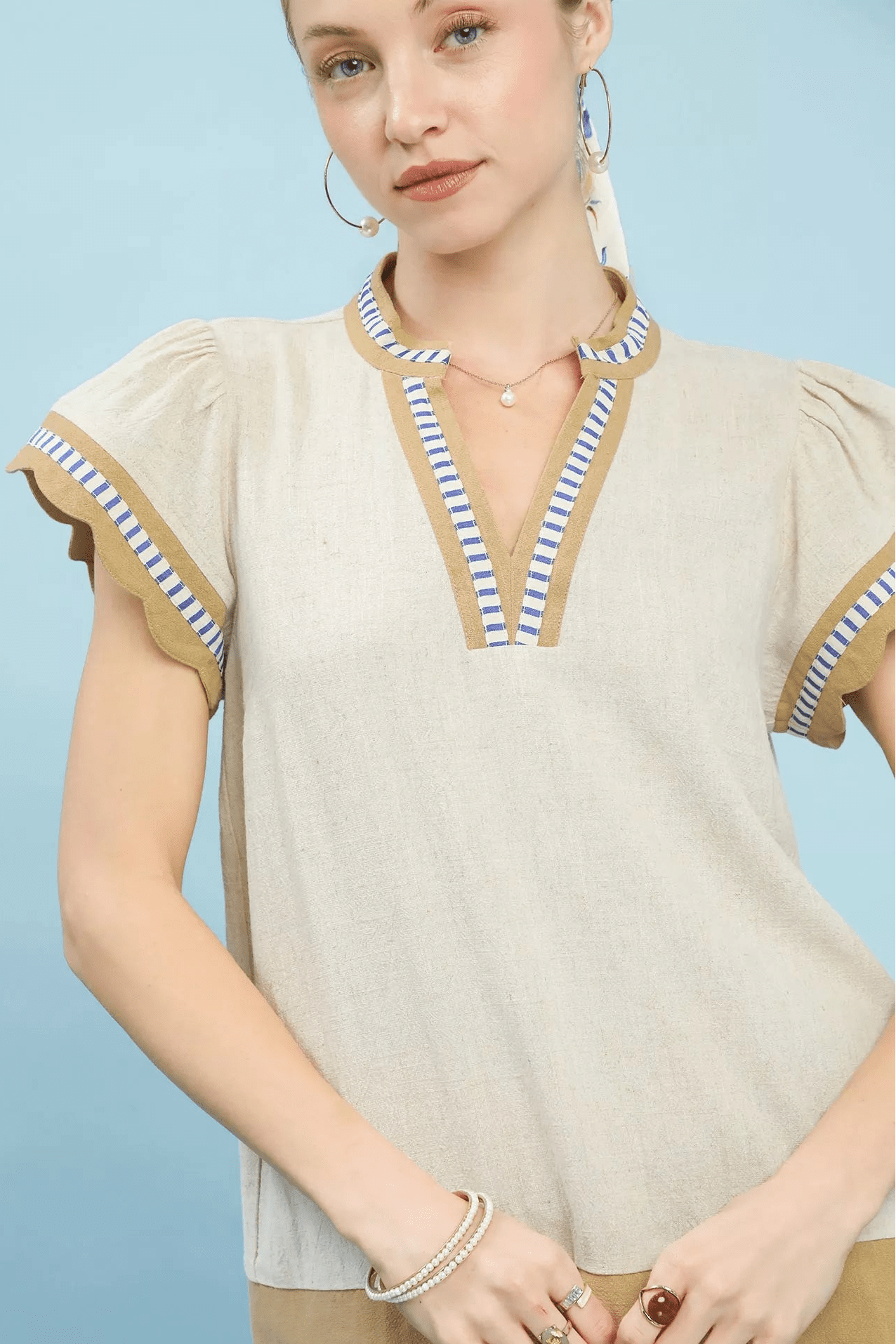 Women Women’s Blouse Umgee Contrast Scallop Trim Top – Oatmeal casual outfit boutique fashion - BespokeX Wear