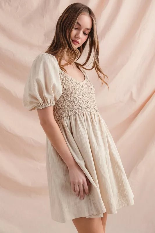 Women Women's Dresses SO ME Textured Woven Puff Sleeve Daily Dress casual outfit boutique fashion - BespokeX Wear