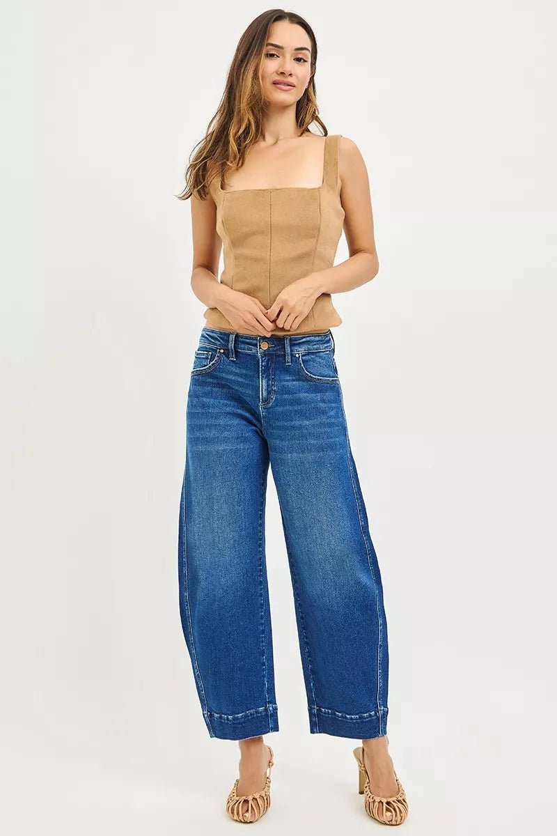 Women Women's Jeans RISEN Mid - Rise Crop Barrel Jeans – Relaxed Fit Denim casual outfit boutique fashion - BespokeX Wear