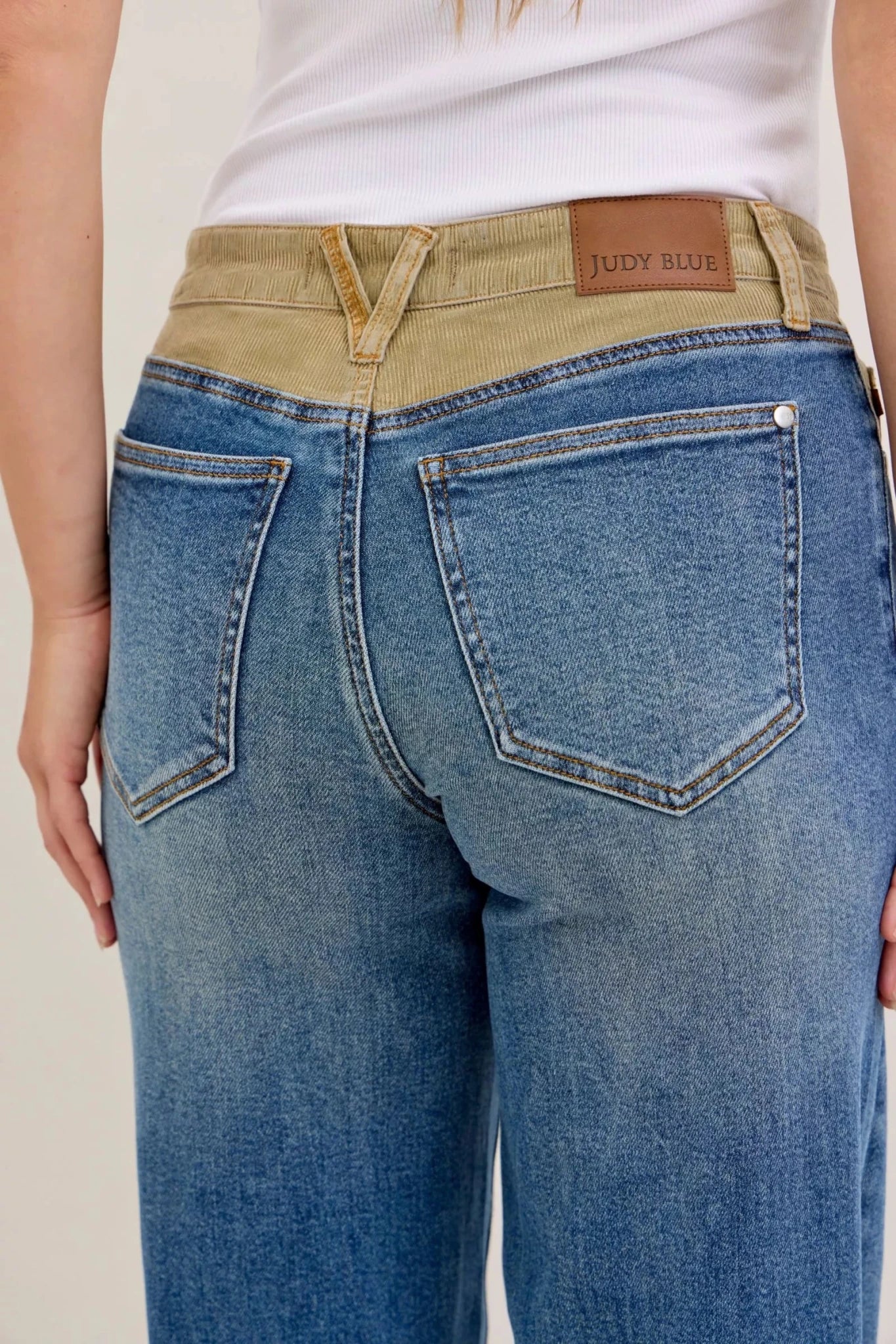 Women Women’s Straight Leg Jeans Judy Blue Mid Rise Straight Leg Jeans – Corduroy Waist Detail Denim casual outfit boutique fashion - BespokeX Wear