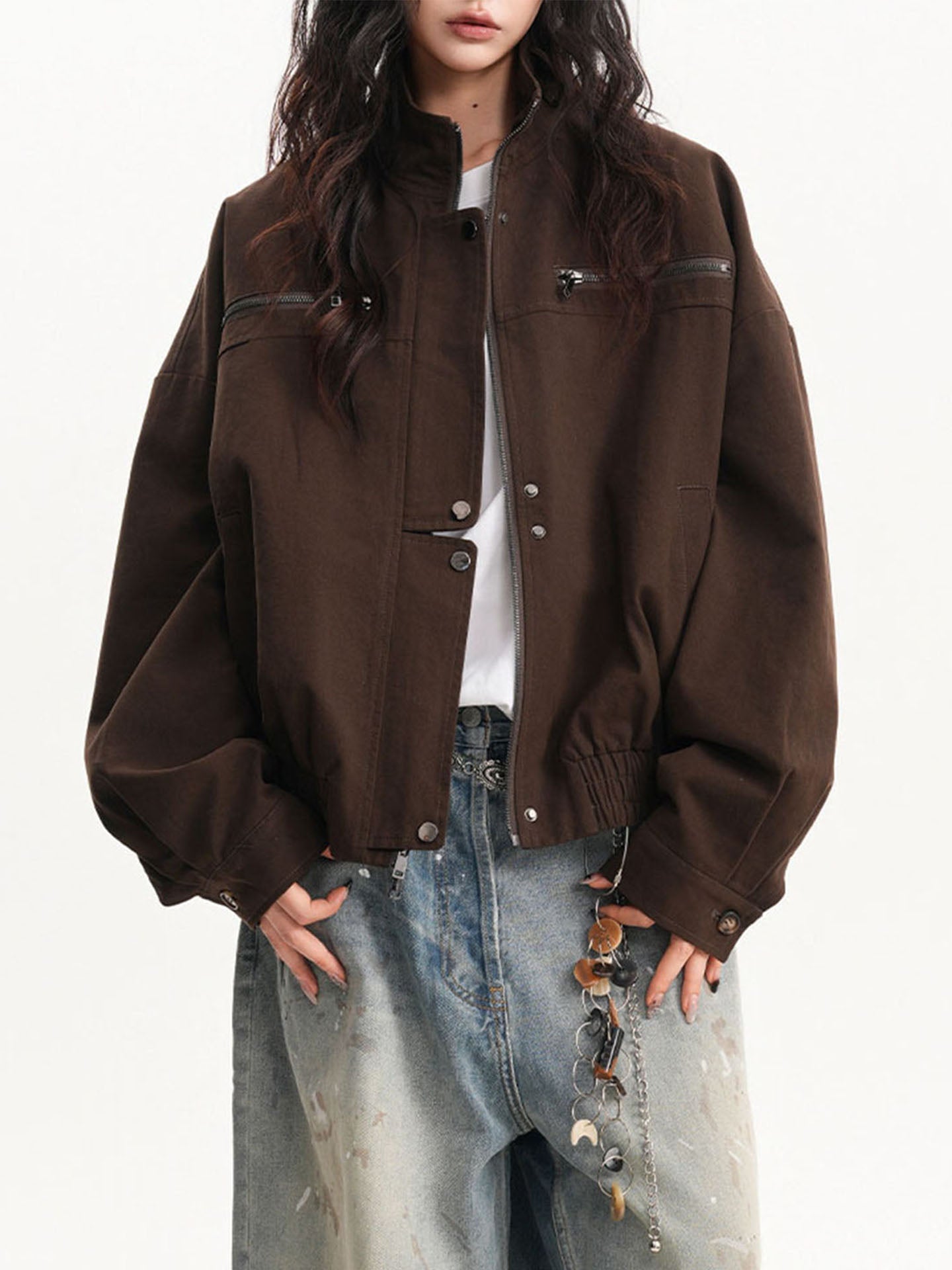 Oversized Brown Cargo Bomber Jacket