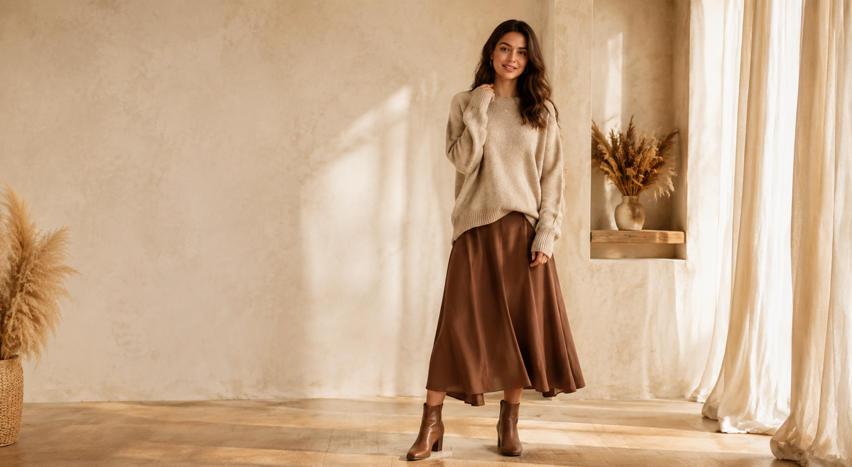 Woman in a neutral fall sweater and brown midi skirt in a warm minimalist studio