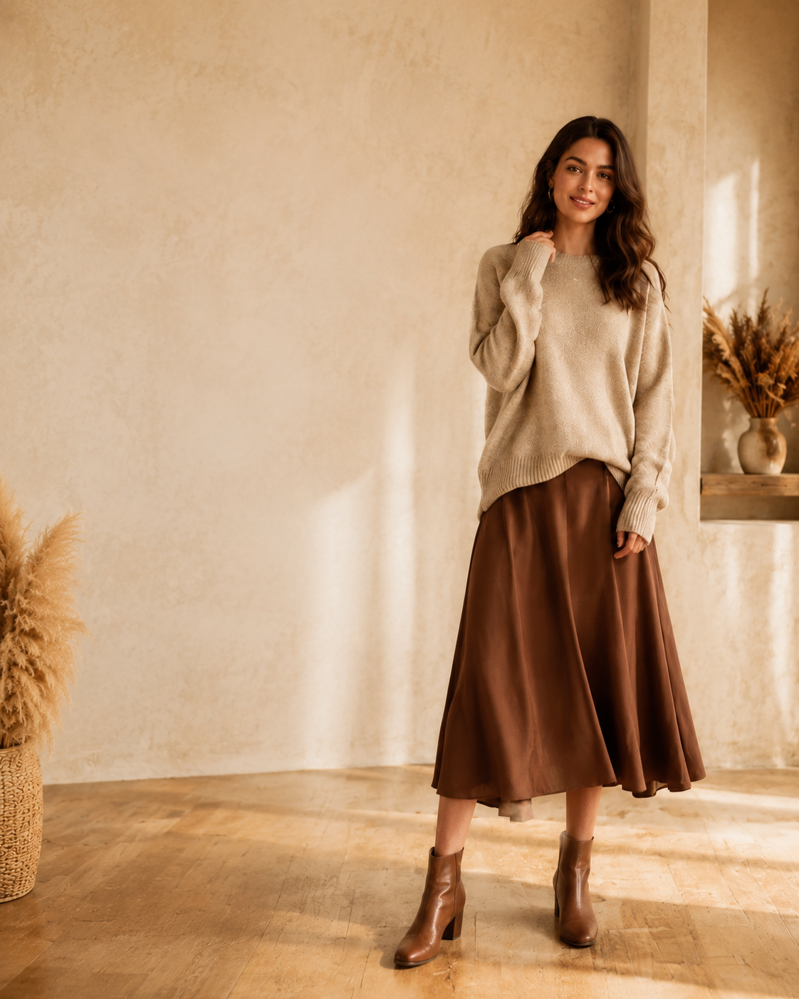 Woman in a neutral fall sweater and brown midi skirt for mobile