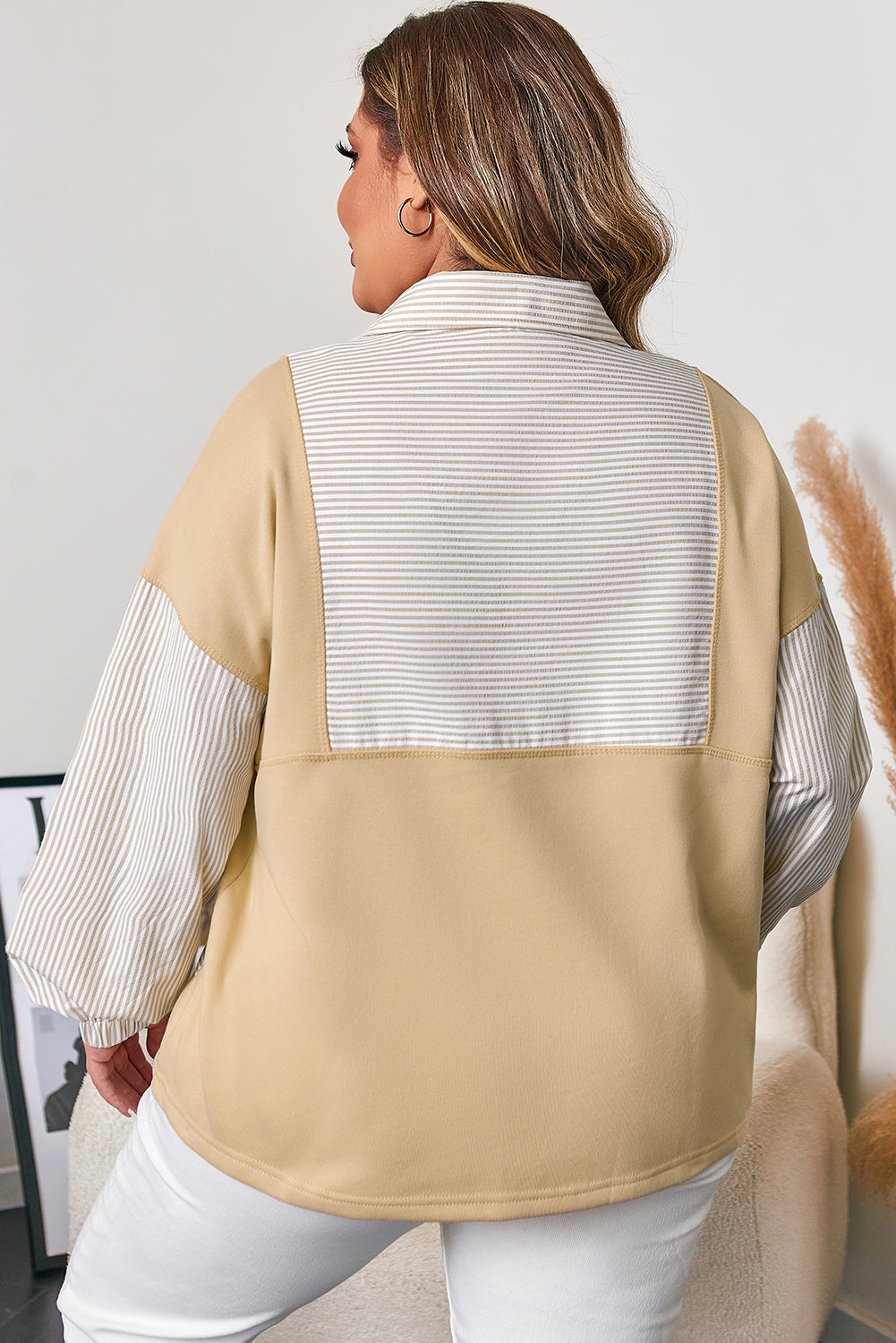 Khaki Stripe Mix Half-Zip French Terry Sweatshirt – Plus Size