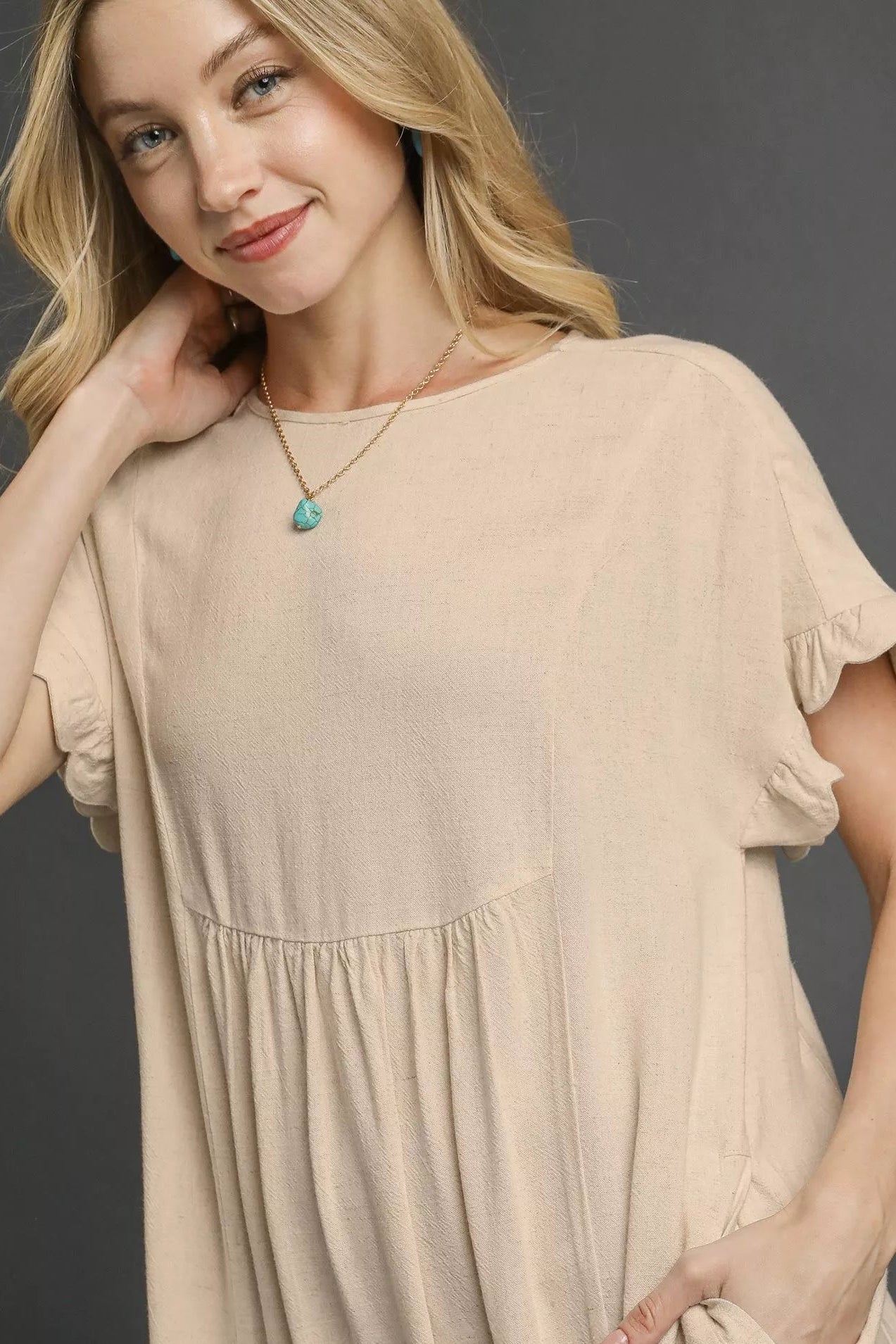Women Babydoll Dress Oatmeal Linen Babydoll Dress with Ruffle Hem casual outfit boutique fashion - BespokeX Wear