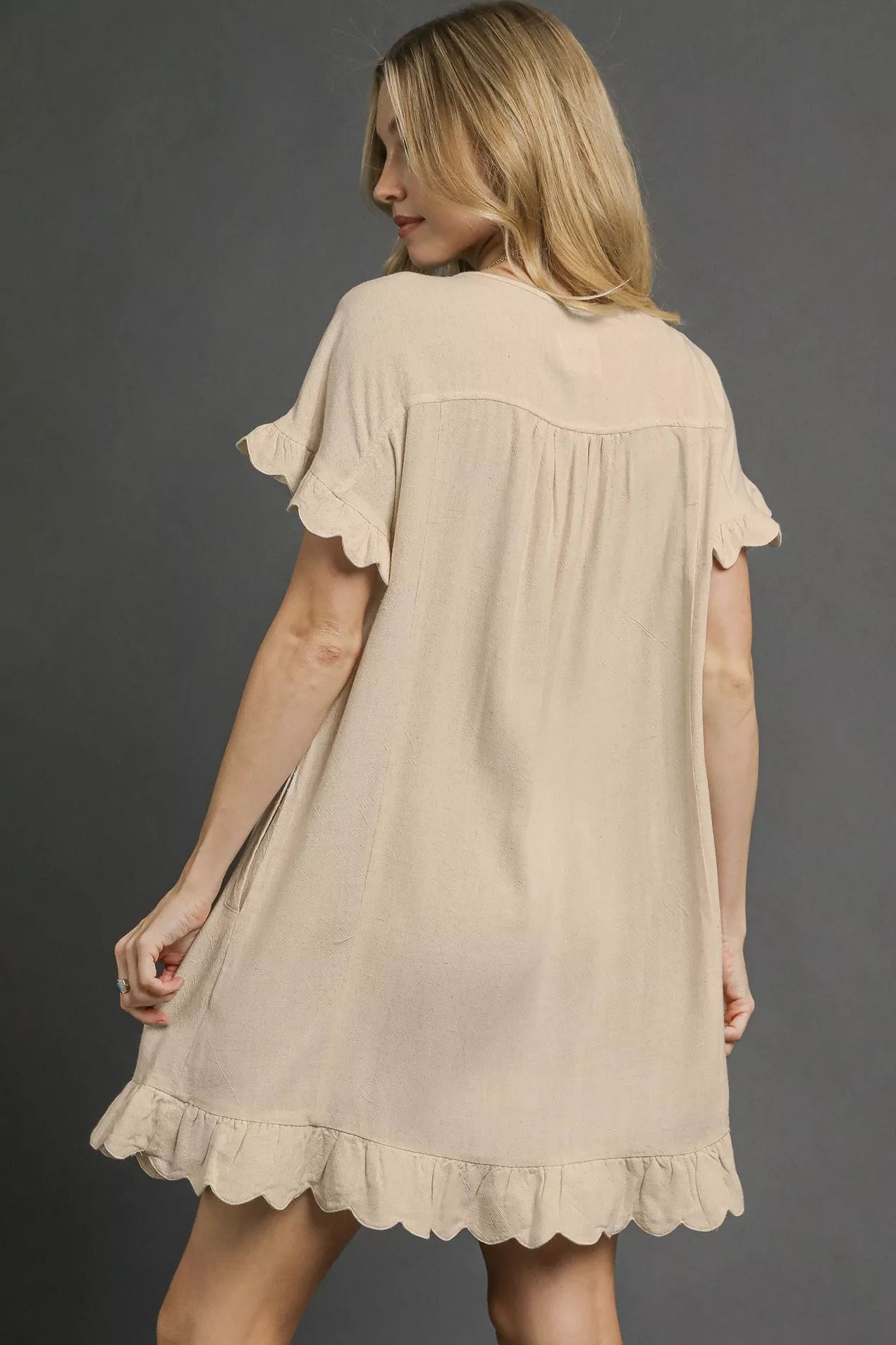 Women Babydoll Dress Oatmeal Linen Babydoll Dress with Ruffle Hem casual outfit boutique fashion - BespokeX Wear
