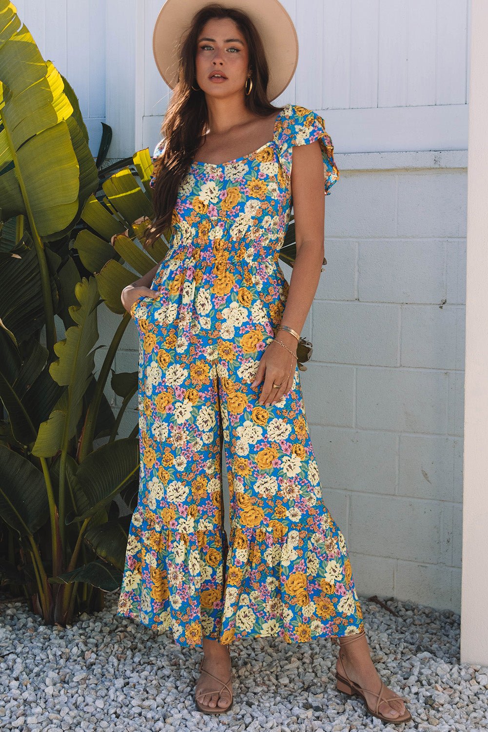 Women Bottoms/Jumpsuits & Rompers Shirred Waist Floral Jumpsuit casual outfit boutique fashion - BespokeX Wear