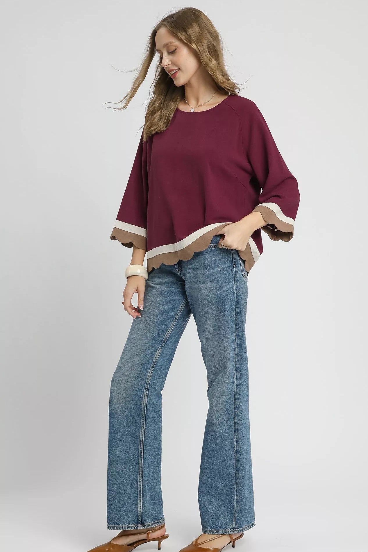 Women Casual Top Umgee Scalloped Hem Colorblock Top – Soft Linen Blend casual outfit boutique fashion - BespokeX Wear