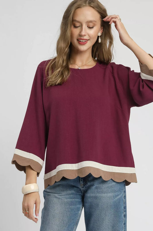 Women Casual Top Umgee Scalloped Hem Colorblock Top – Soft Linen Blend casual outfit boutique fashion - BespokeX Wear