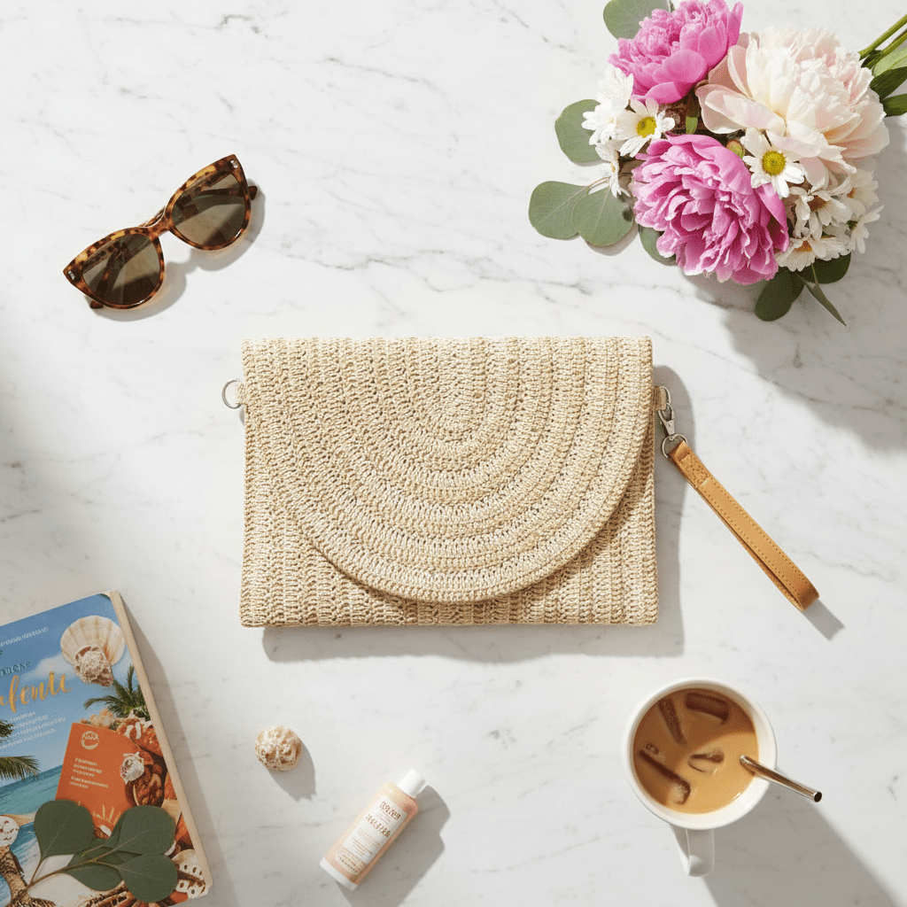 Women Clutch Bag Two - Tone Woven Envelope Clutch – Summer Straw Wristlet casual outfit boutique fashion - BespokeX Wear