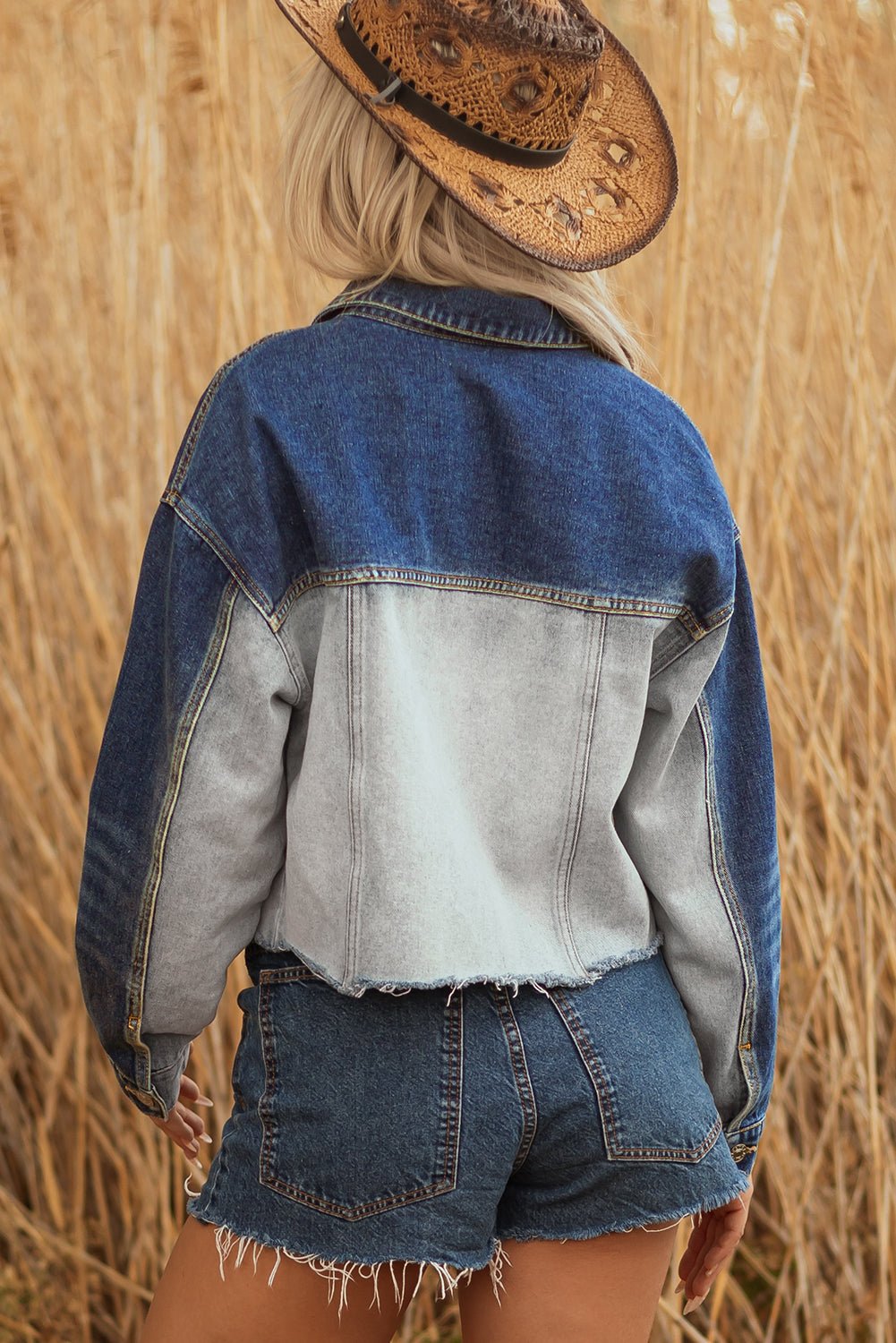 Women Denim jackets Women’s Cropped Patchwork Denim Jacket – Distressed Western Trucker Coat casual outfit boutique fashion - BespokeX Wear