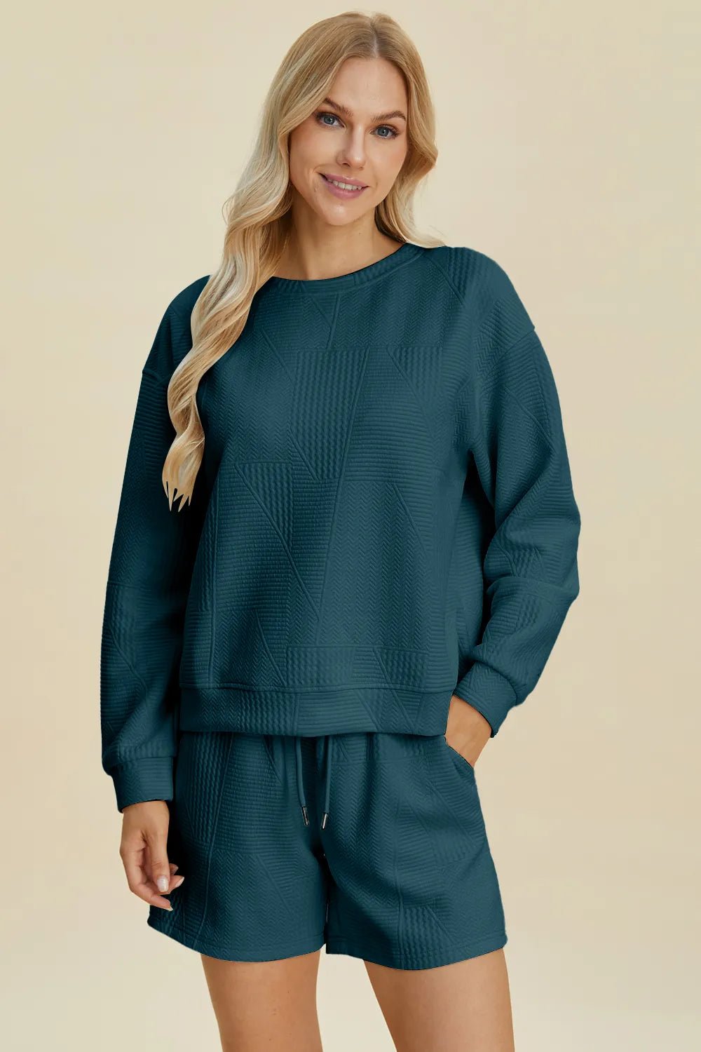 Women Double Take Full Size Texture Round Neck Long Sleeve Top and Shorts Set casual outfit boutique fashion - BespokeX Wear
