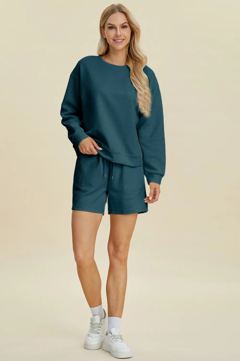 Women Double Take Full Size Texture Round Neck Long Sleeve Top and Shorts Set casual outfit boutique fashion - BespokeX Wear