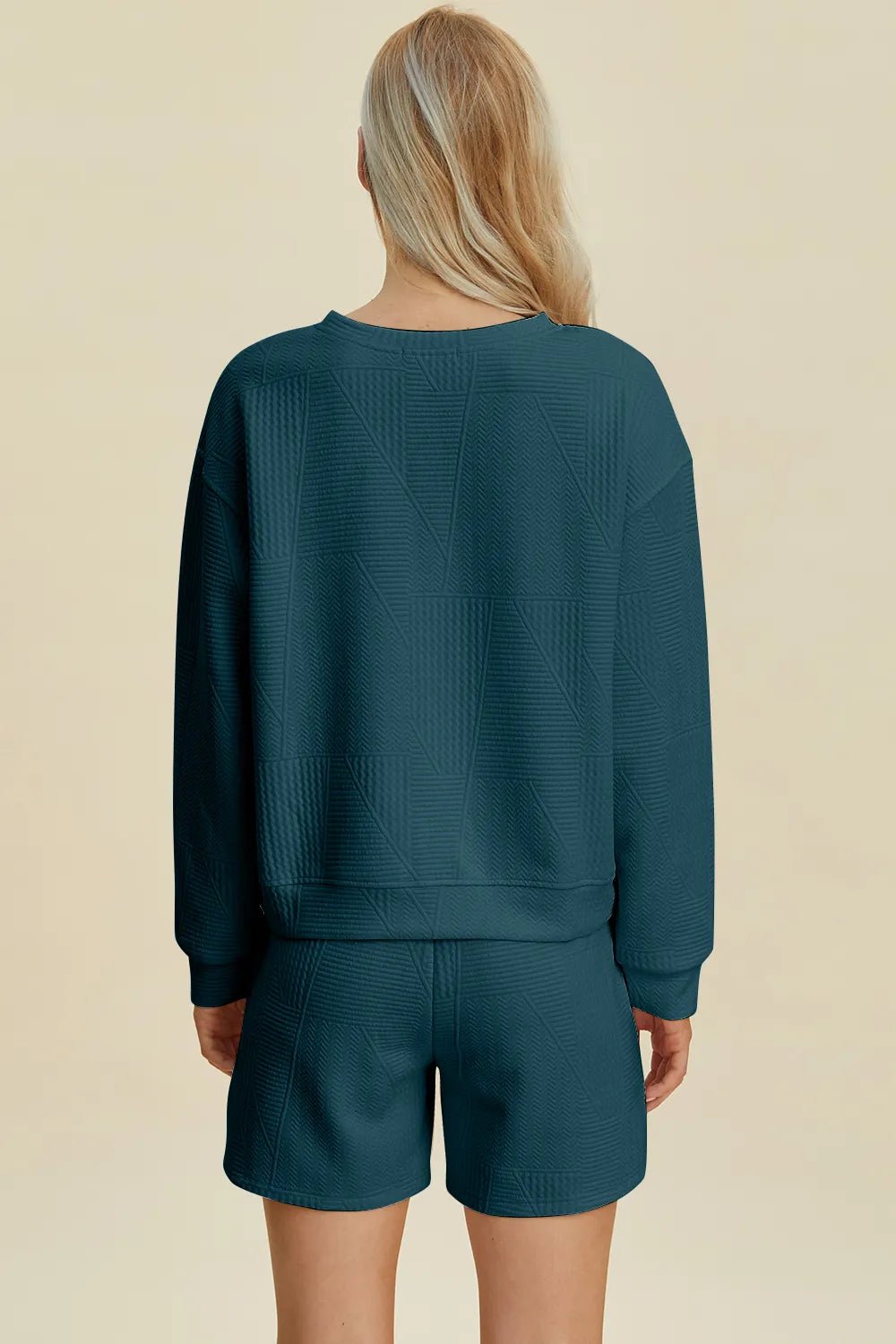 Women Double Take Full Size Texture Round Neck Long Sleeve Top and Shorts Set casual outfit boutique fashion - BespokeX Wear