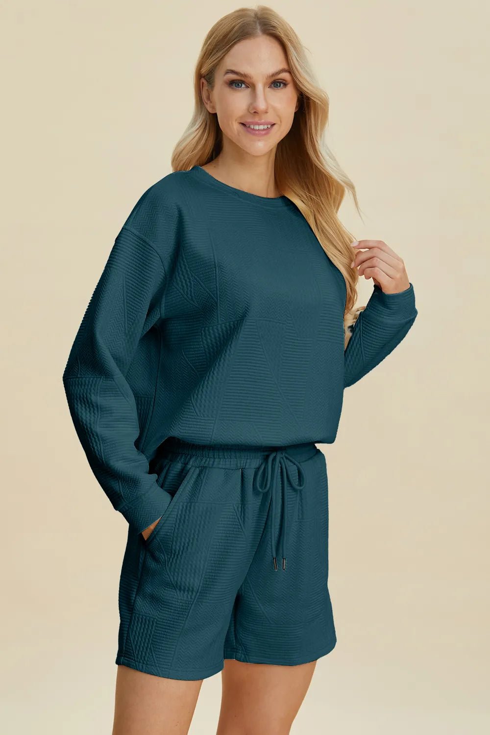 Women Double Take Full Size Texture Round Neck Long Sleeve Top and Shorts Set casual outfit boutique fashion - BespokeX Wear