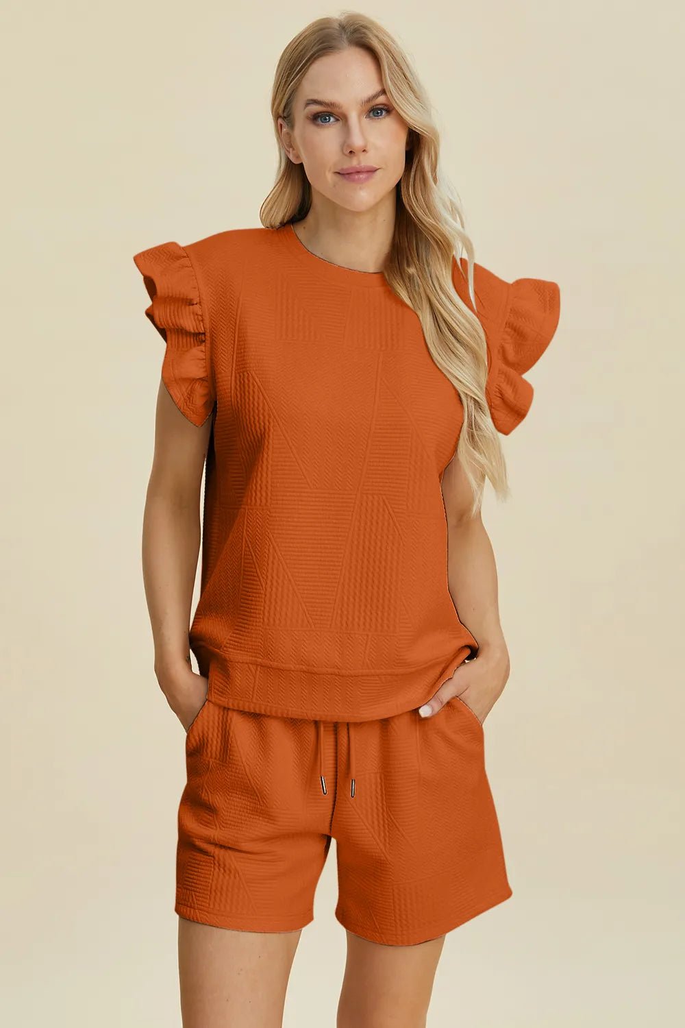 Women Double Take Full Size Texture Round Neck Ruffle Sleeve Top and Shorts Set casual outfit boutique fashion - BespokeX Wear