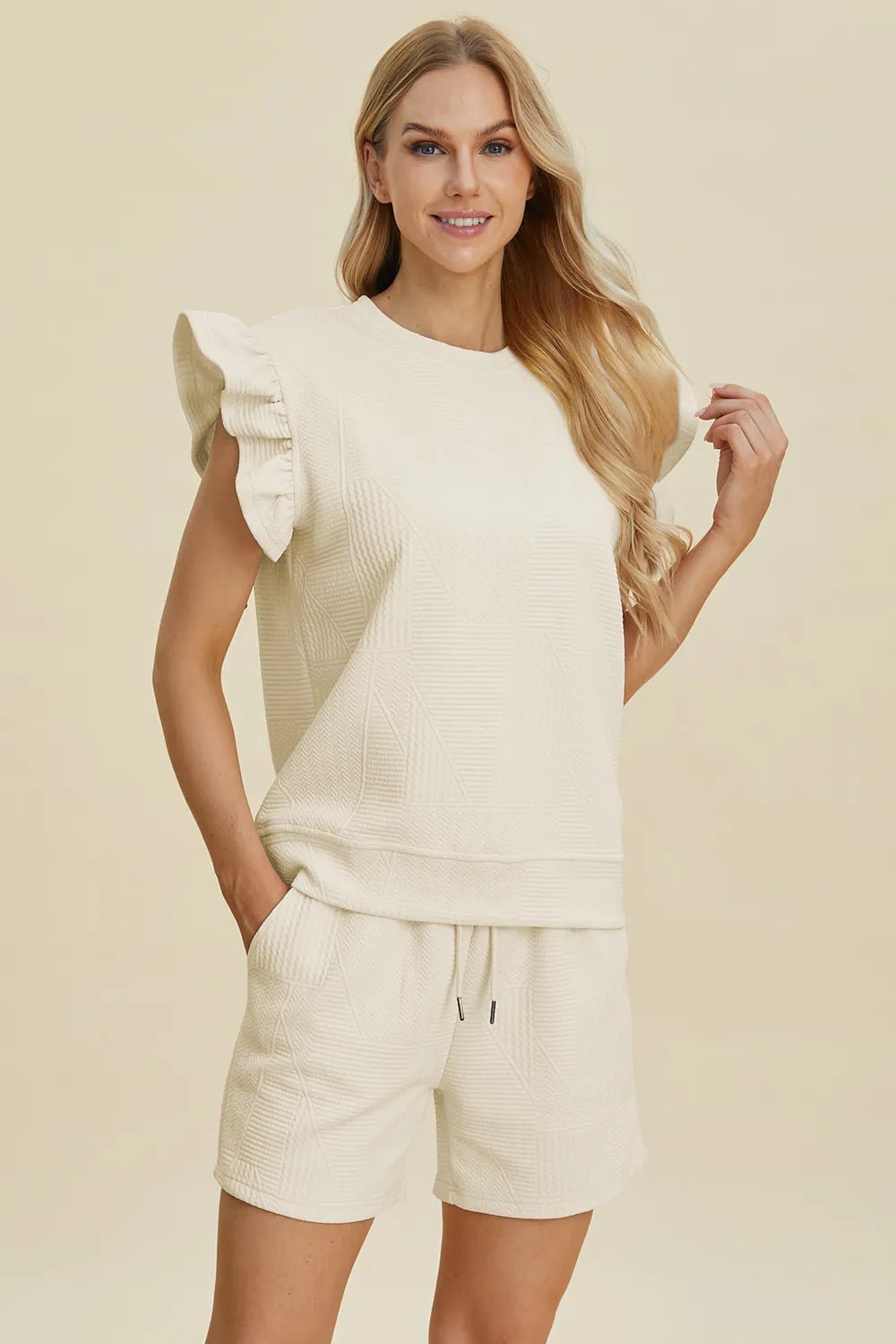Women Double Take Full Size Texture Round Neck Ruffle Sleeve Top and Shorts Set casual outfit boutique fashion - BespokeX Wear