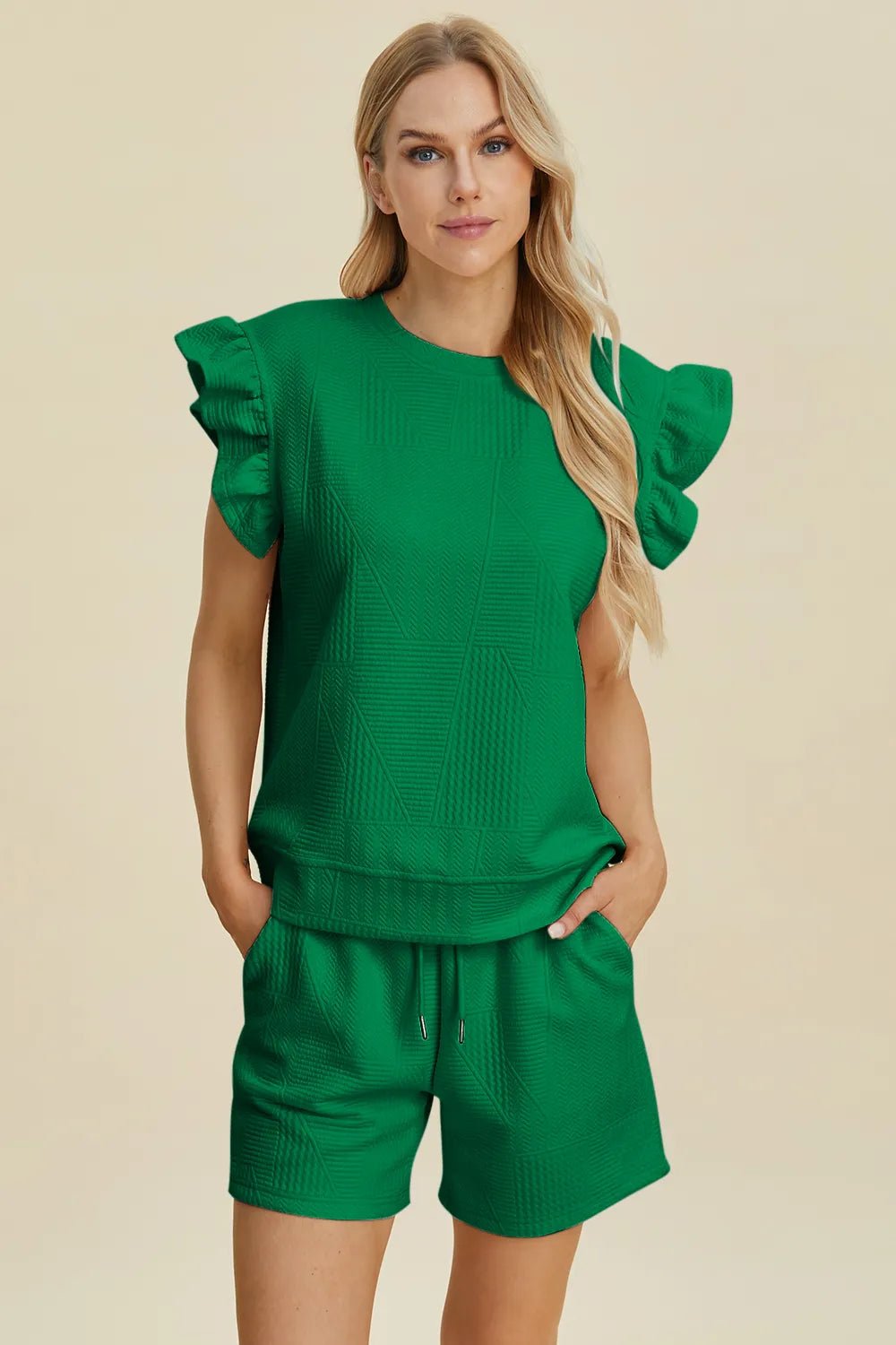 Women Double Take Full Size Texture Round Neck Ruffle Sleeve Top and Shorts Set casual outfit boutique fashion - BespokeX Wear