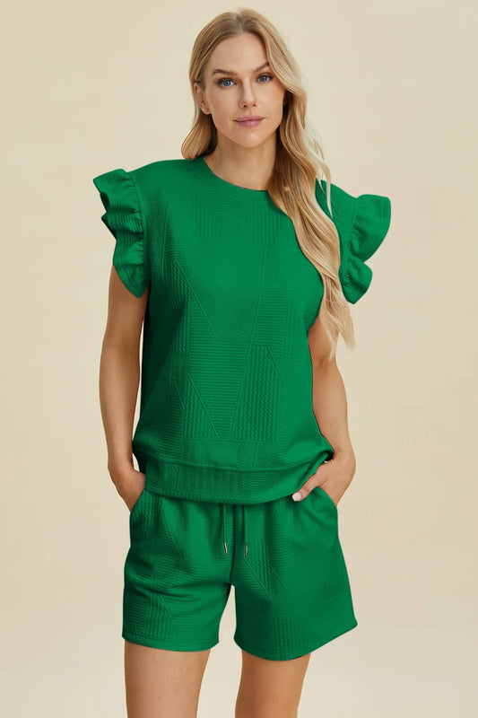 Women Double Take Full Size Texture Round Neck Ruffle Sleeve Top and Shorts Set casual outfit boutique fashion - BespokeX Wear