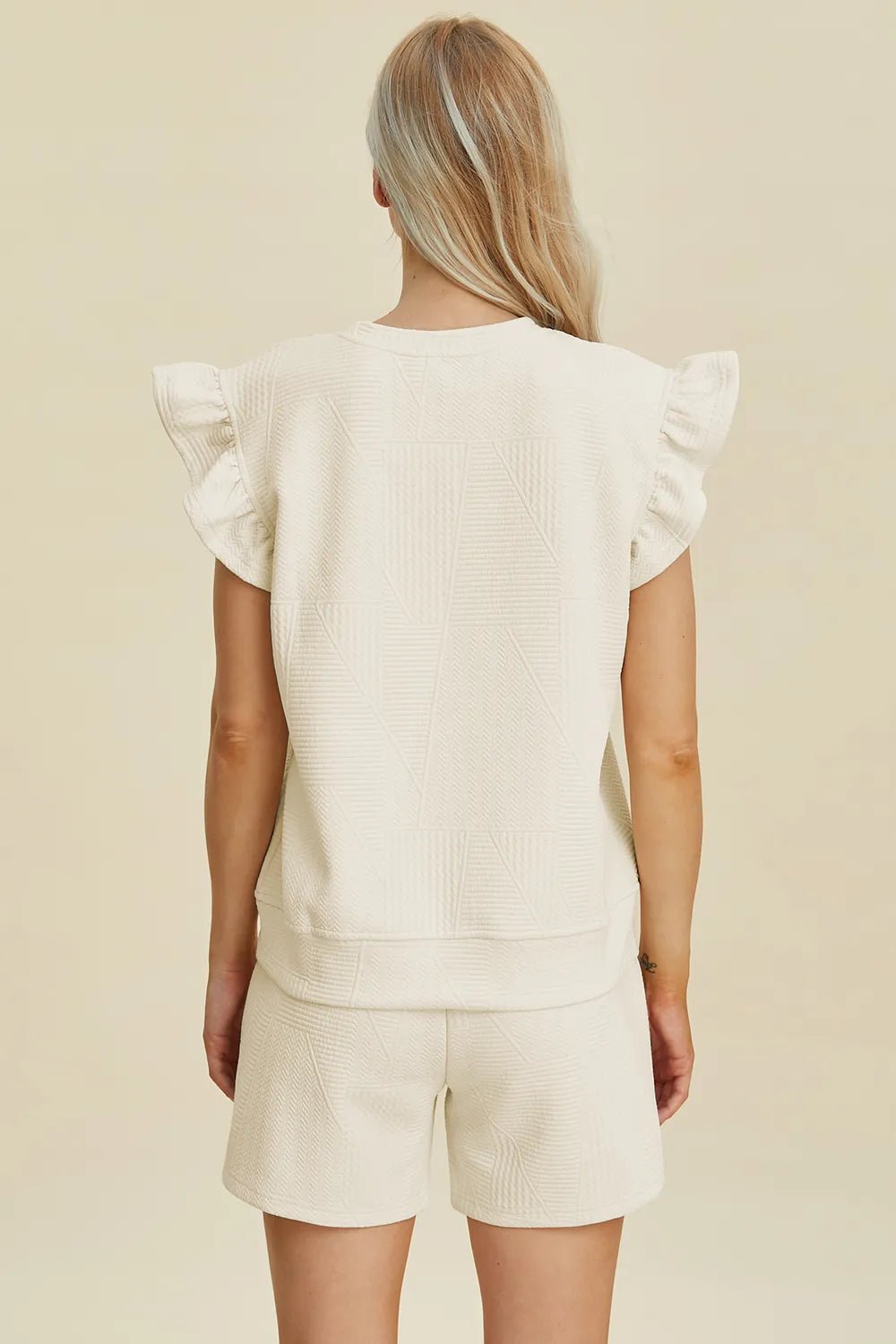 Women Double Take Full Size Texture Round Neck Ruffle Sleeve Top and Shorts Set casual outfit boutique fashion - BespokeX Wear