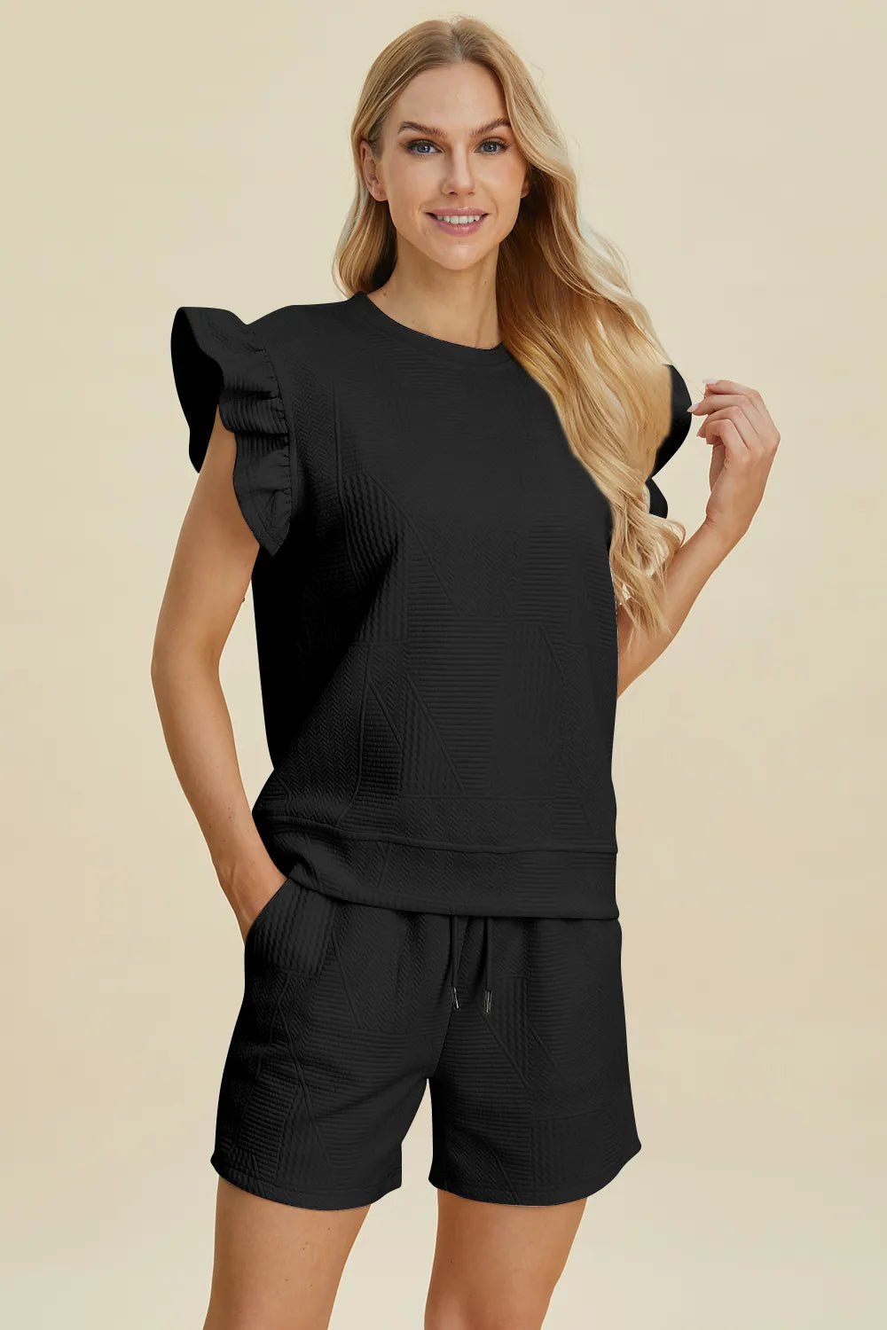 Women Double Take Full Size Texture Round Neck Ruffle Sleeve Top and Shorts Set casual outfit boutique fashion - BespokeX Wear