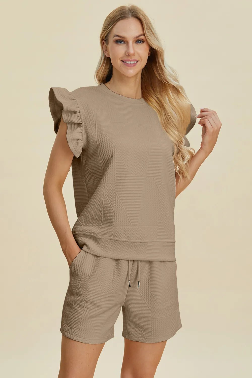 Women Double Take Full Size Texture Round Neck Ruffle Sleeve Top and Shorts Set casual outfit boutique fashion - BespokeX Wear