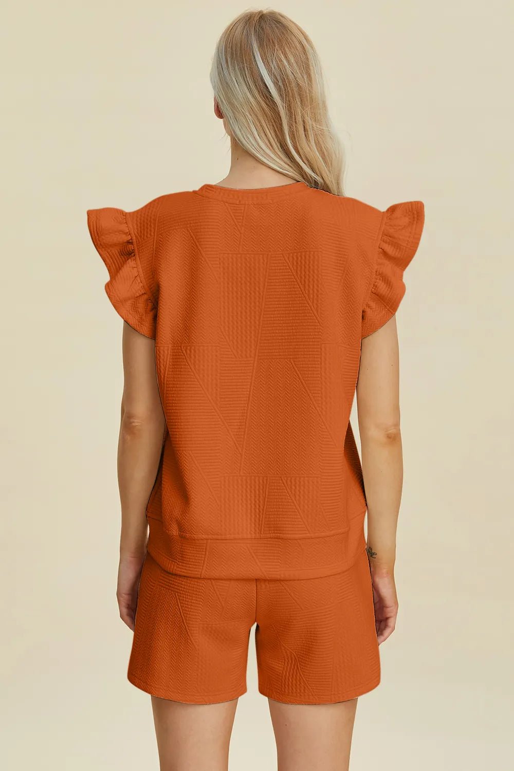 Women Double Take Full Size Texture Round Neck Ruffle Sleeve Top and Shorts Set casual outfit boutique fashion - BespokeX Wear