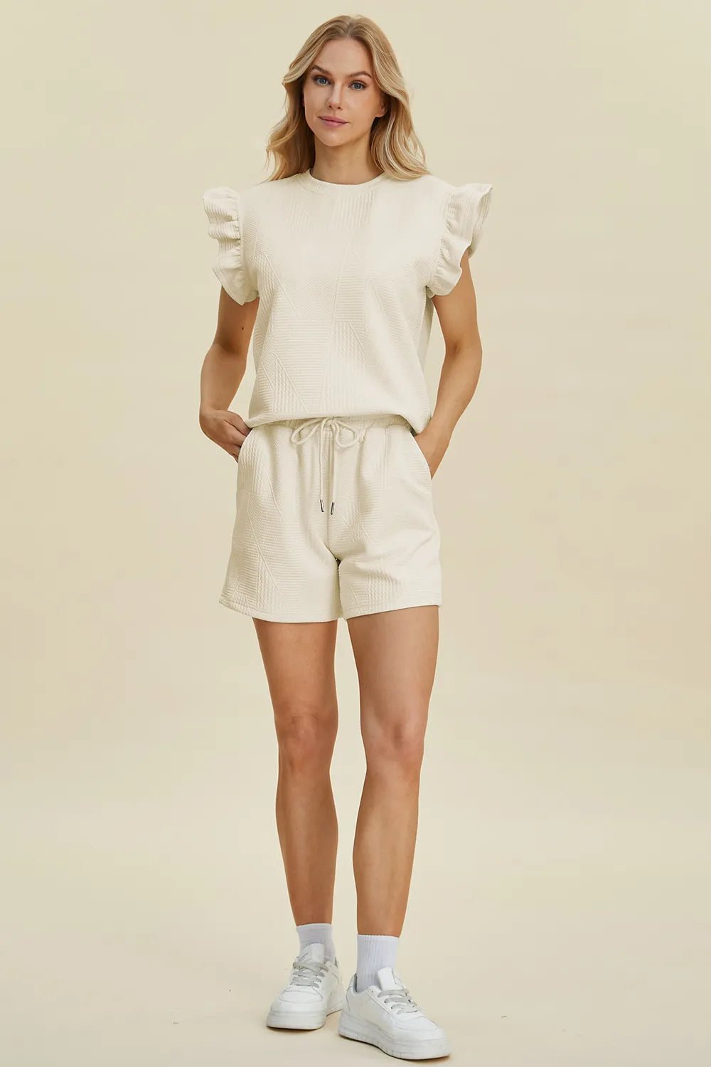 Women Double Take Full Size Texture Round Neck Ruffle Sleeve Top and Shorts Set casual outfit boutique fashion - BespokeX Wear