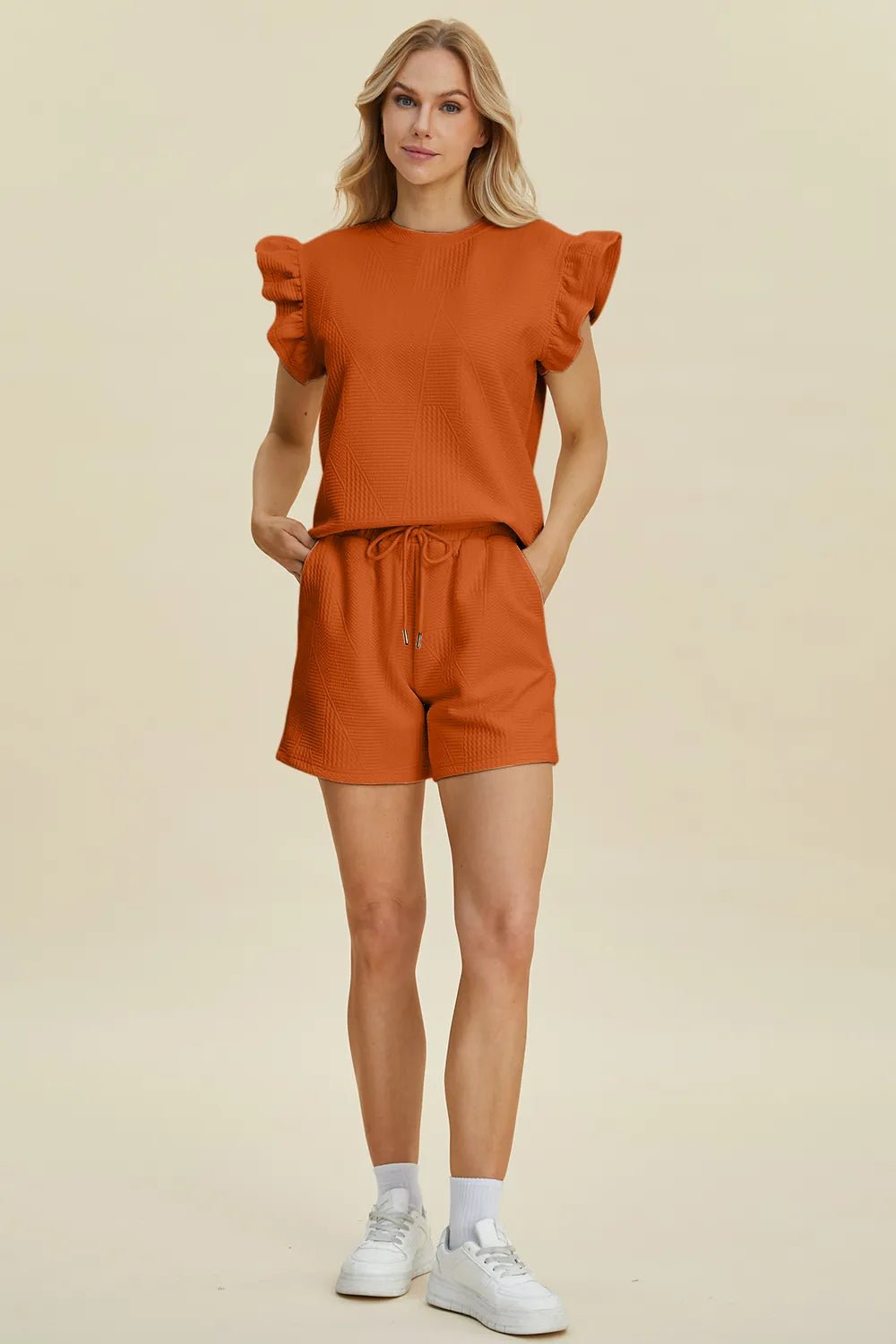Women Double Take Full Size Texture Round Neck Ruffle Sleeve Top and Shorts Set casual outfit boutique fashion - BespokeX Wear