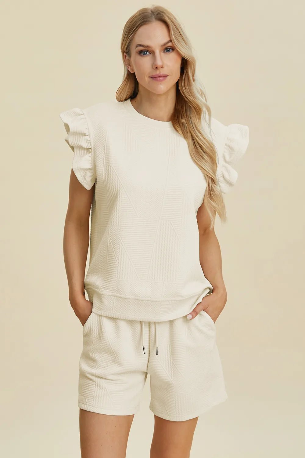 Women Double Take Full Size Texture Round Neck Ruffle Sleeve Top and Shorts Set casual outfit boutique fashion - BespokeX Wear