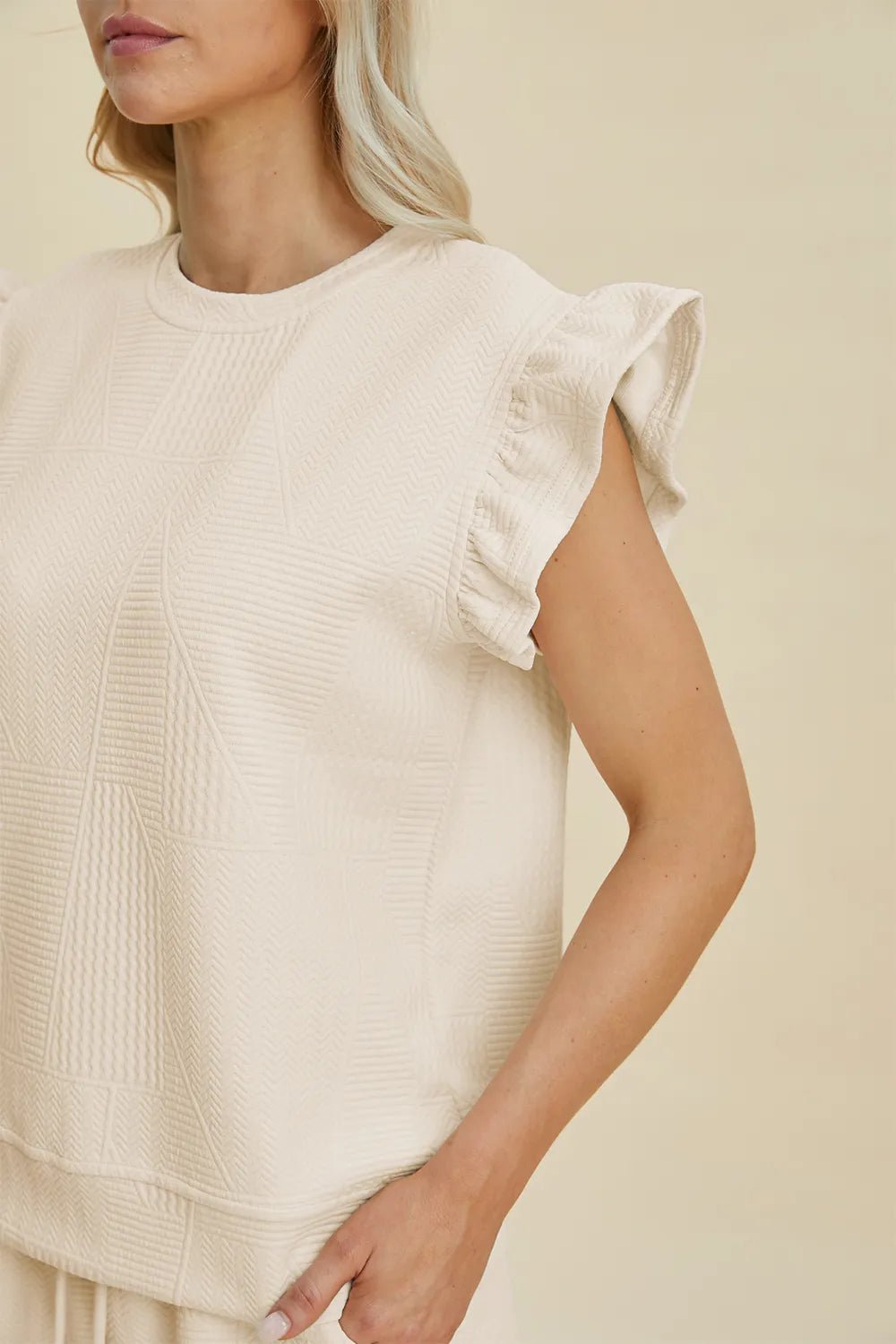 Women Double Take Full Size Texture Round Neck Ruffle Sleeve Top and Shorts Set casual outfit boutique fashion - BespokeX Wear
