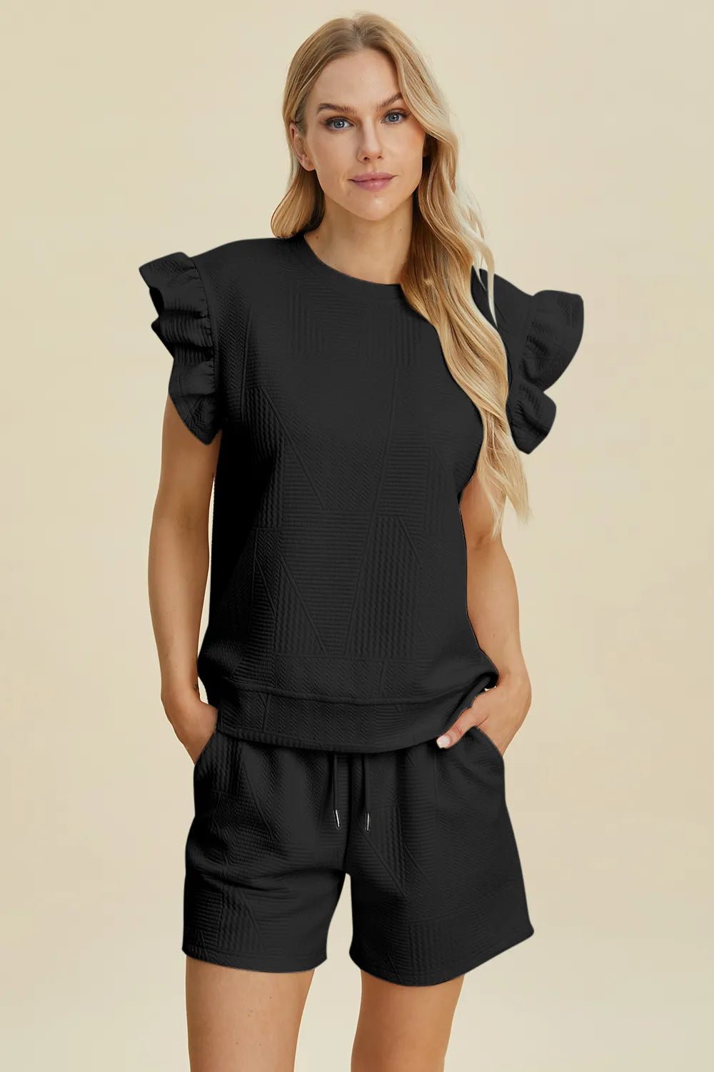 Women Double Take Full Size Texture Round Neck Ruffle Sleeve Top and Shorts Set casual outfit boutique fashion - BespokeX Wear