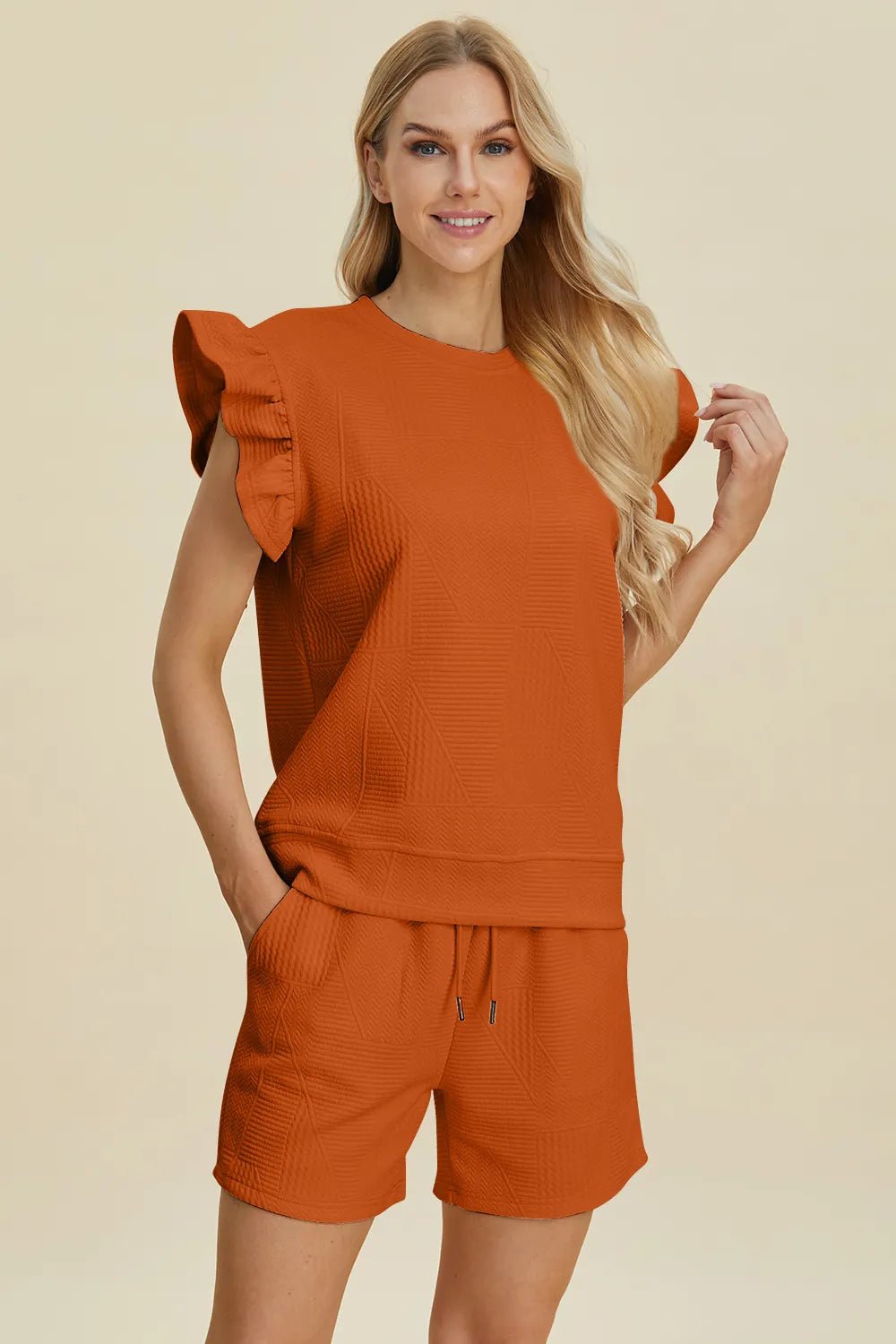 Women Double Take Full Size Texture Round Neck Ruffle Sleeve Top and Shorts Set casual outfit boutique fashion - BespokeX Wear