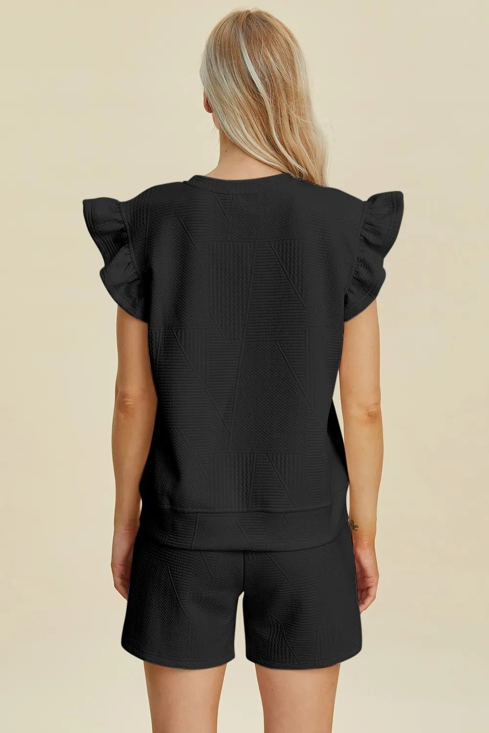 Women Double Take Full Size Texture Round Neck Ruffle Sleeve Top and Shorts Set casual outfit boutique fashion - BespokeX Wear