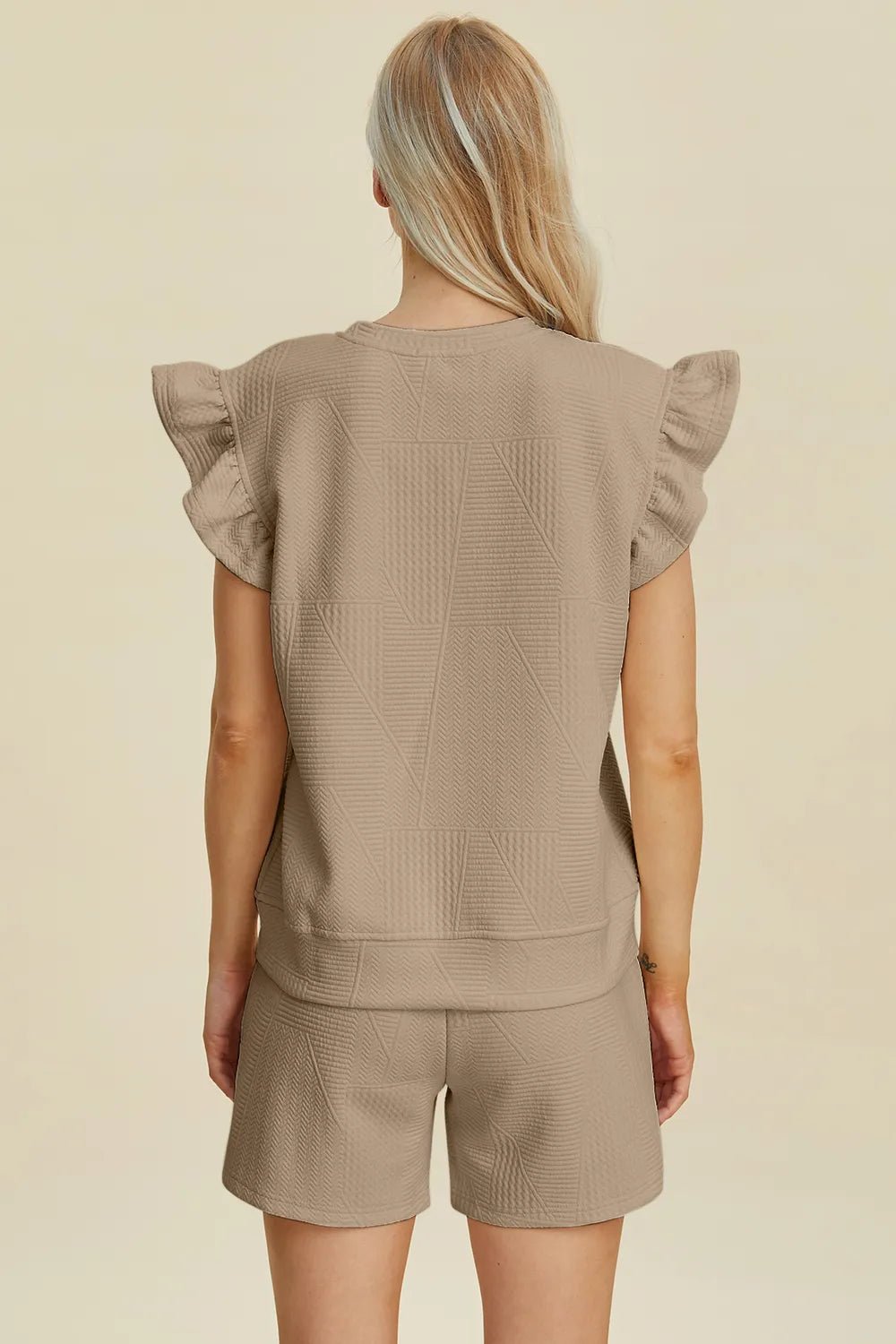 Women Double Take Full Size Texture Round Neck Ruffle Sleeve Top and Shorts Set casual outfit boutique fashion - BespokeX Wear