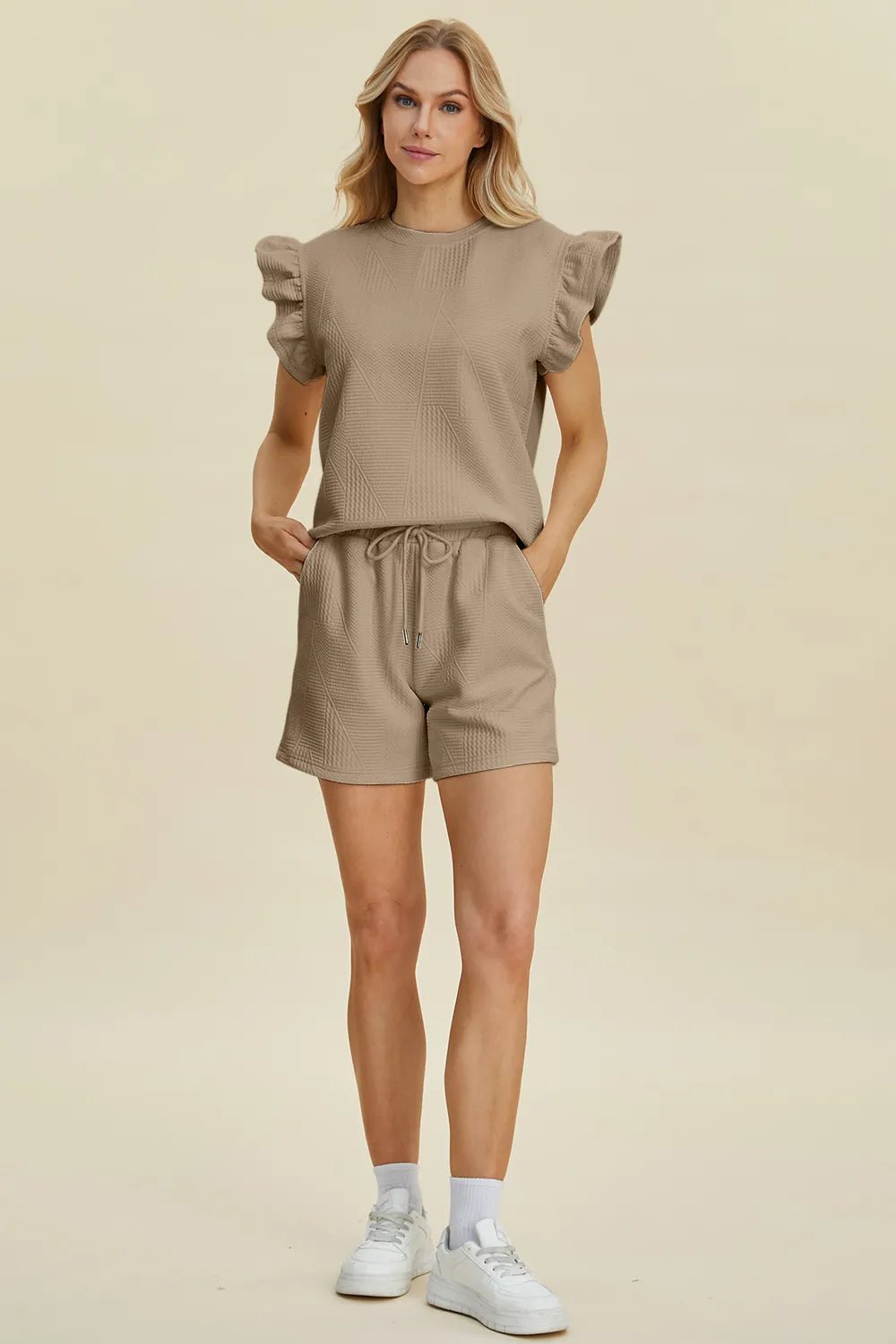 Women Double Take Full Size Texture Round Neck Ruffle Sleeve Top and Shorts Set casual outfit boutique fashion - BespokeX Wear