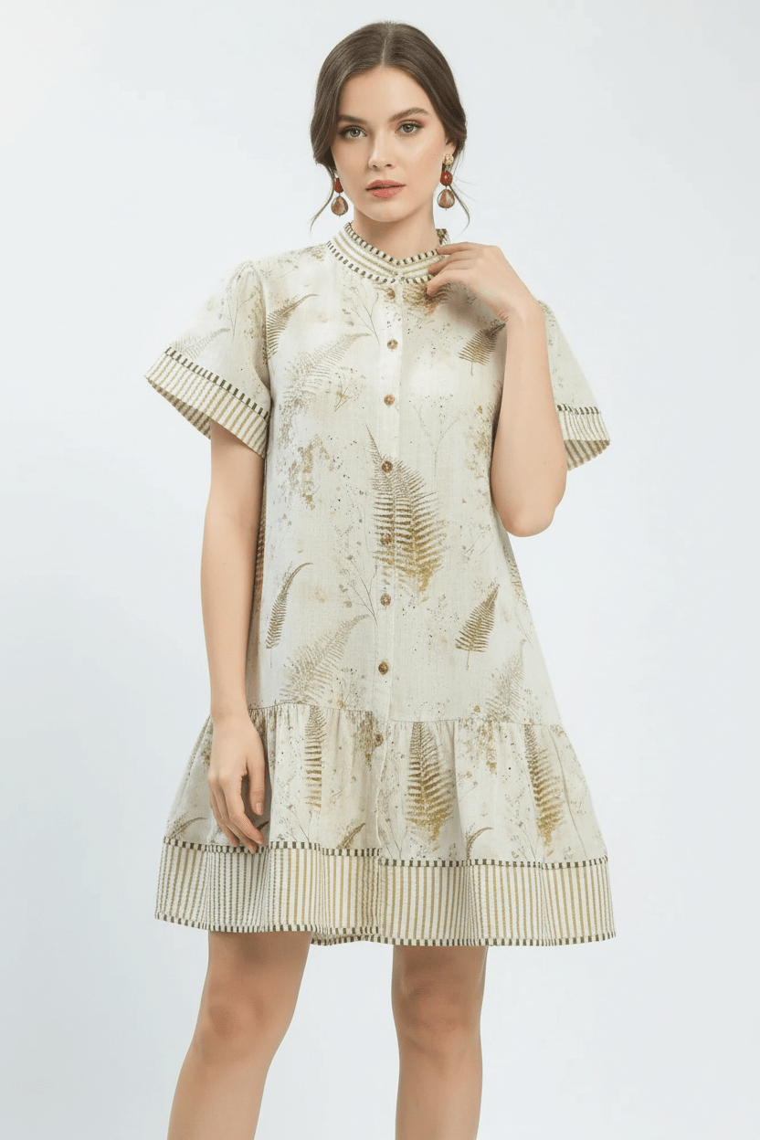 Women Dress Botanical Fern Tiered Mini Dress casual outfit boutique fashion - BespokeX Wear