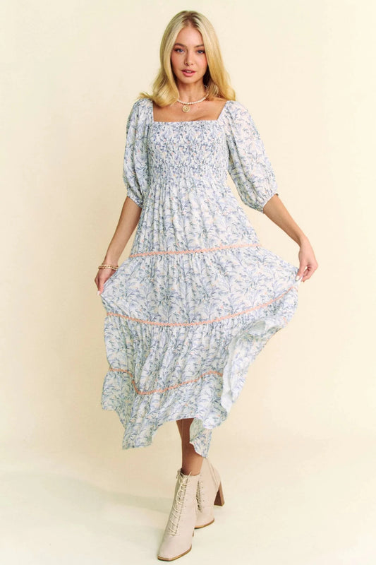 Women Dress Davi & Dani Smocked Bodice Tiered Midi Dress – Soft Blue casual outfit boutique fashion - BespokeX Wear