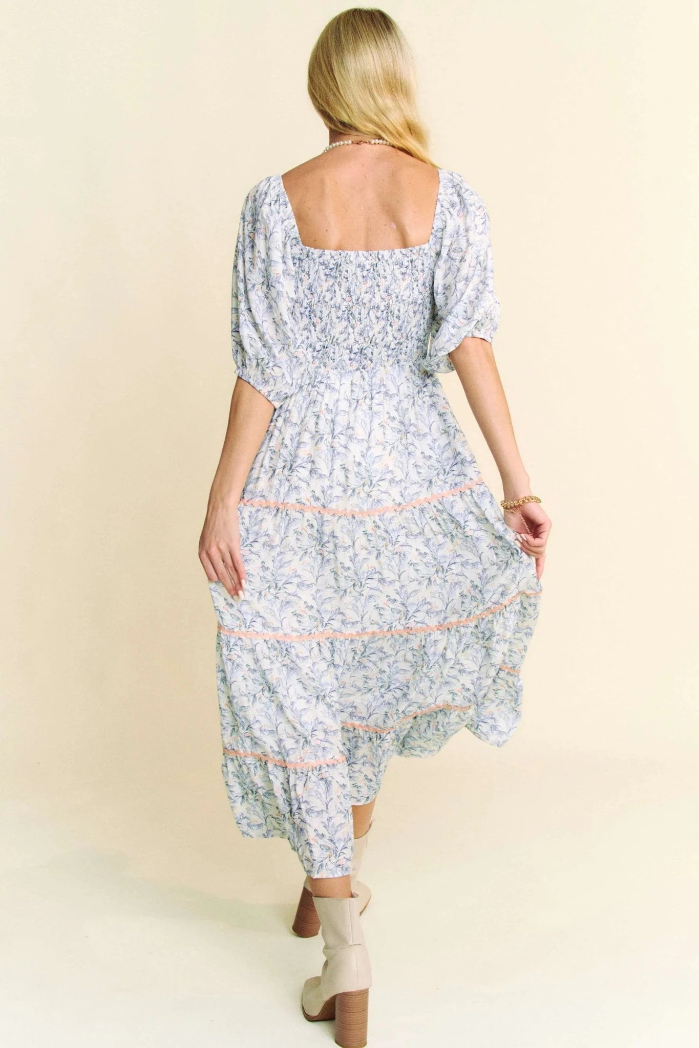 Women Dress Davi & Dani Smocked Bodice Tiered Midi Dress – Soft Blue casual outfit boutique fashion - BespokeX Wear