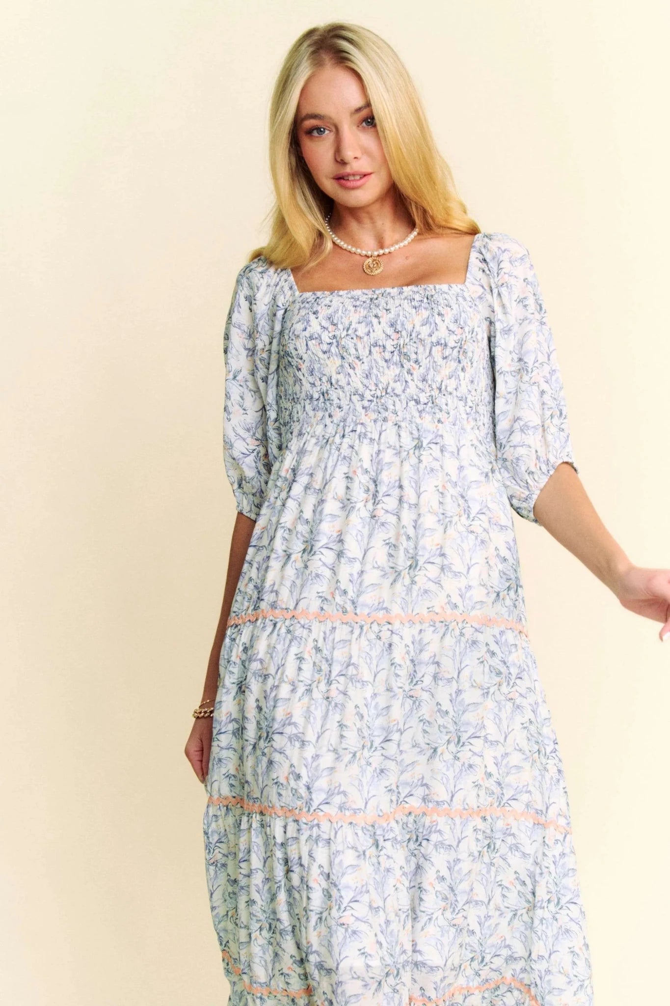 Women Dress Davi & Dani Smocked Bodice Tiered Midi Dress – Soft Blue casual outfit boutique fashion - BespokeX Wear
