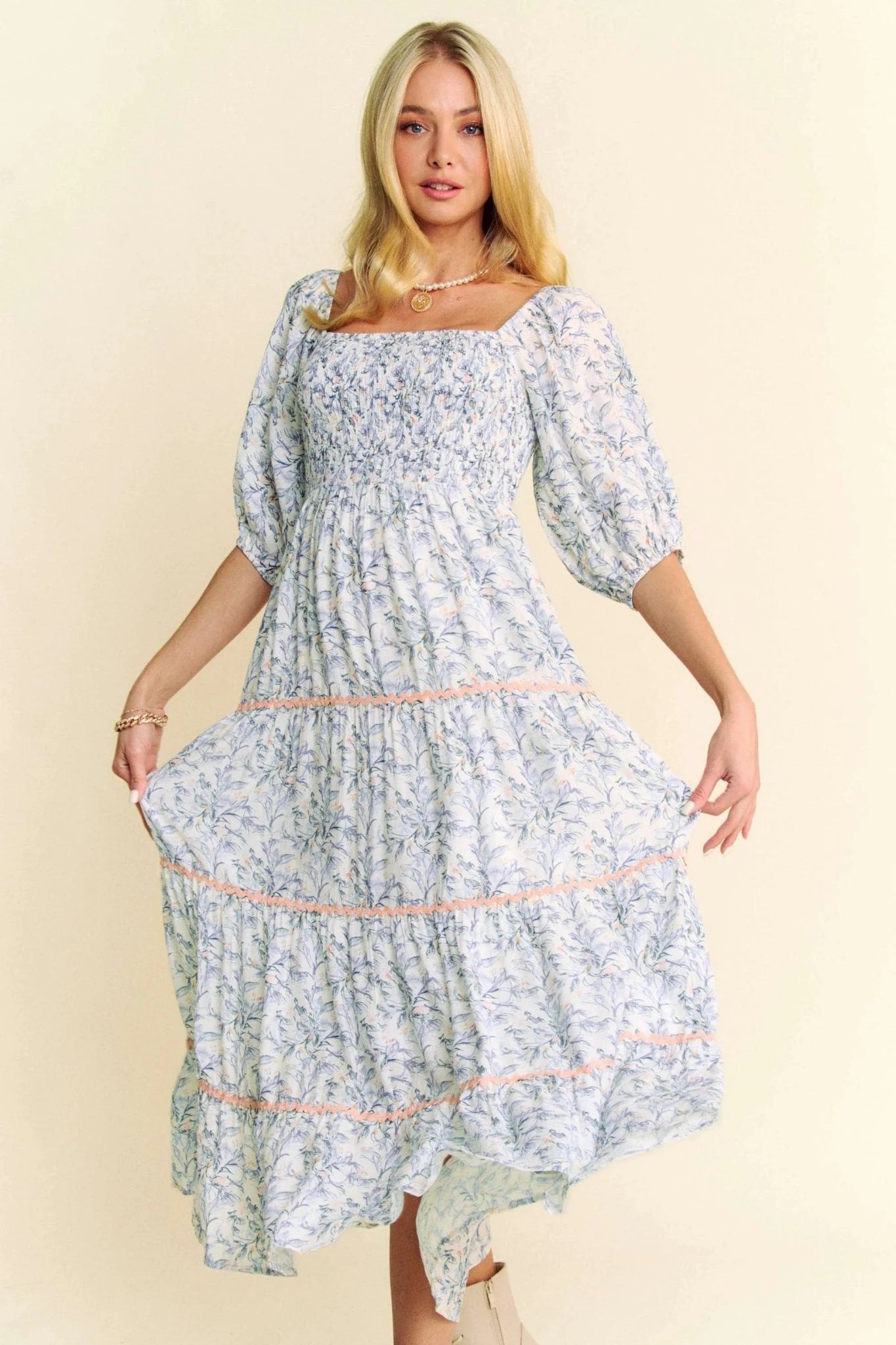 Women Dress Davi & Dani Smocked Bodice Tiered Midi Dress – Soft Blue casual outfit boutique fashion - BespokeX Wear