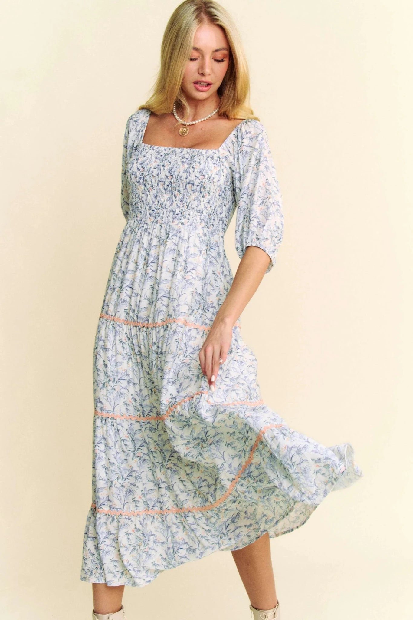 Women Dress Davi & Dani Smocked Bodice Tiered Midi Dress – Soft Blue casual outfit boutique fashion - BespokeX Wear