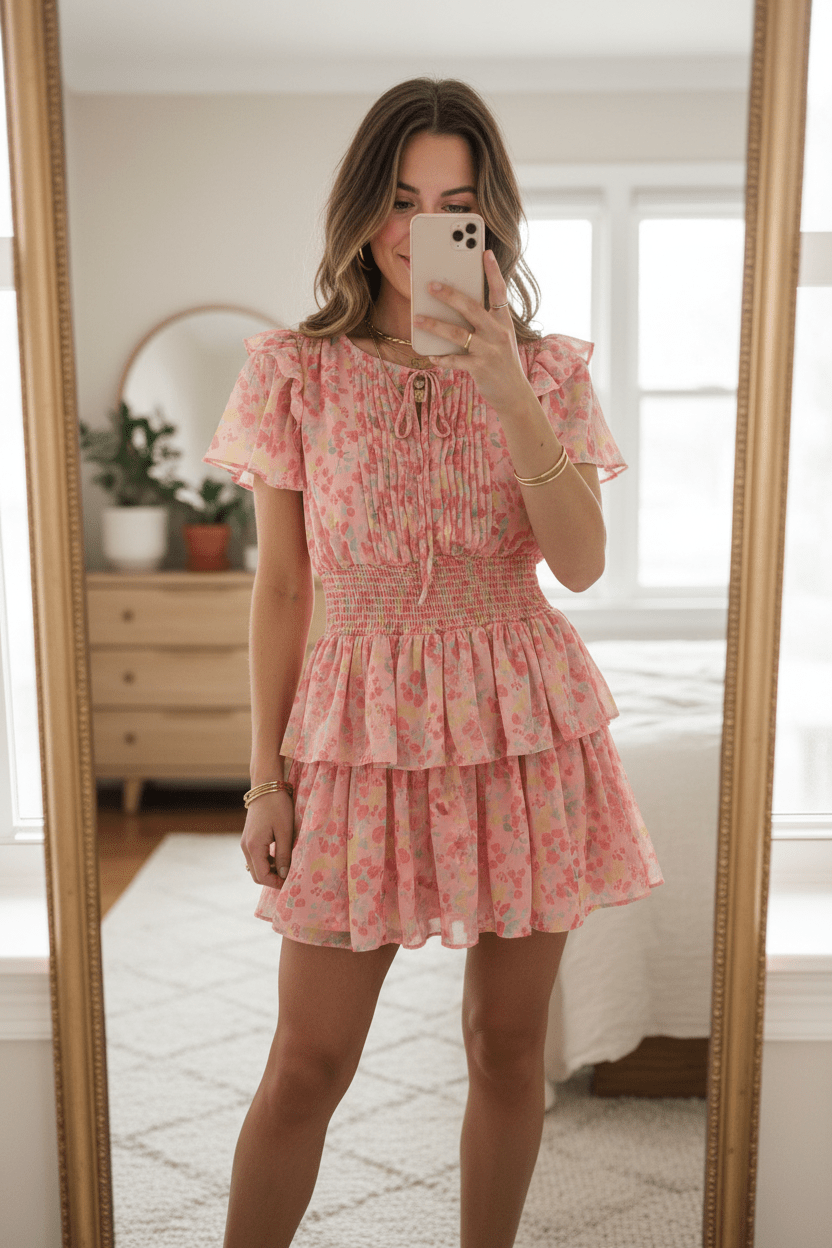 Women Dress Printed Tie Waist Ruffle Dress casual outfit boutique fashion - BespokeX Wear