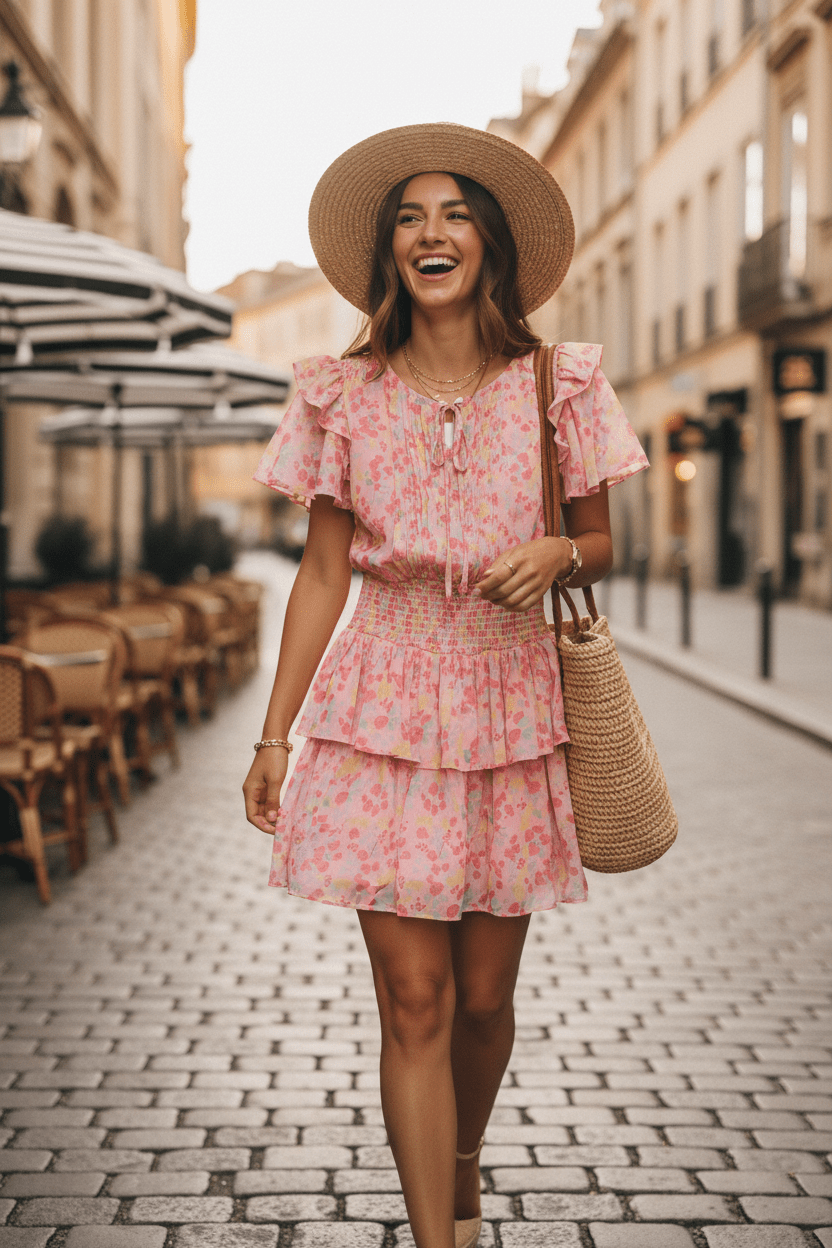 Women Dress Printed Tie Waist Ruffle Dress casual outfit boutique fashion - BespokeX Wear