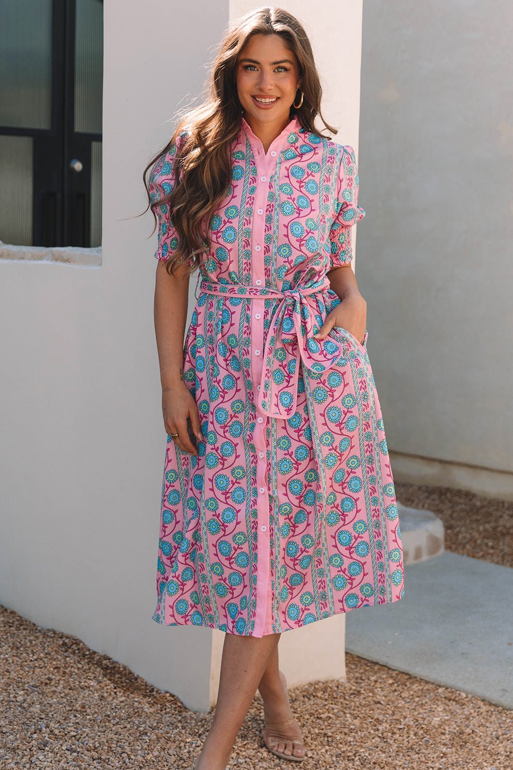 Women Dresses/Midi Dresses Floral Button Front Midi Dress casual outfit boutique fashion - BespokeX Wear
